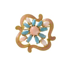 Estate Retro Era 18KT Yellow Gold Genuine Turquoise, Angel Skin Coral And Pink E