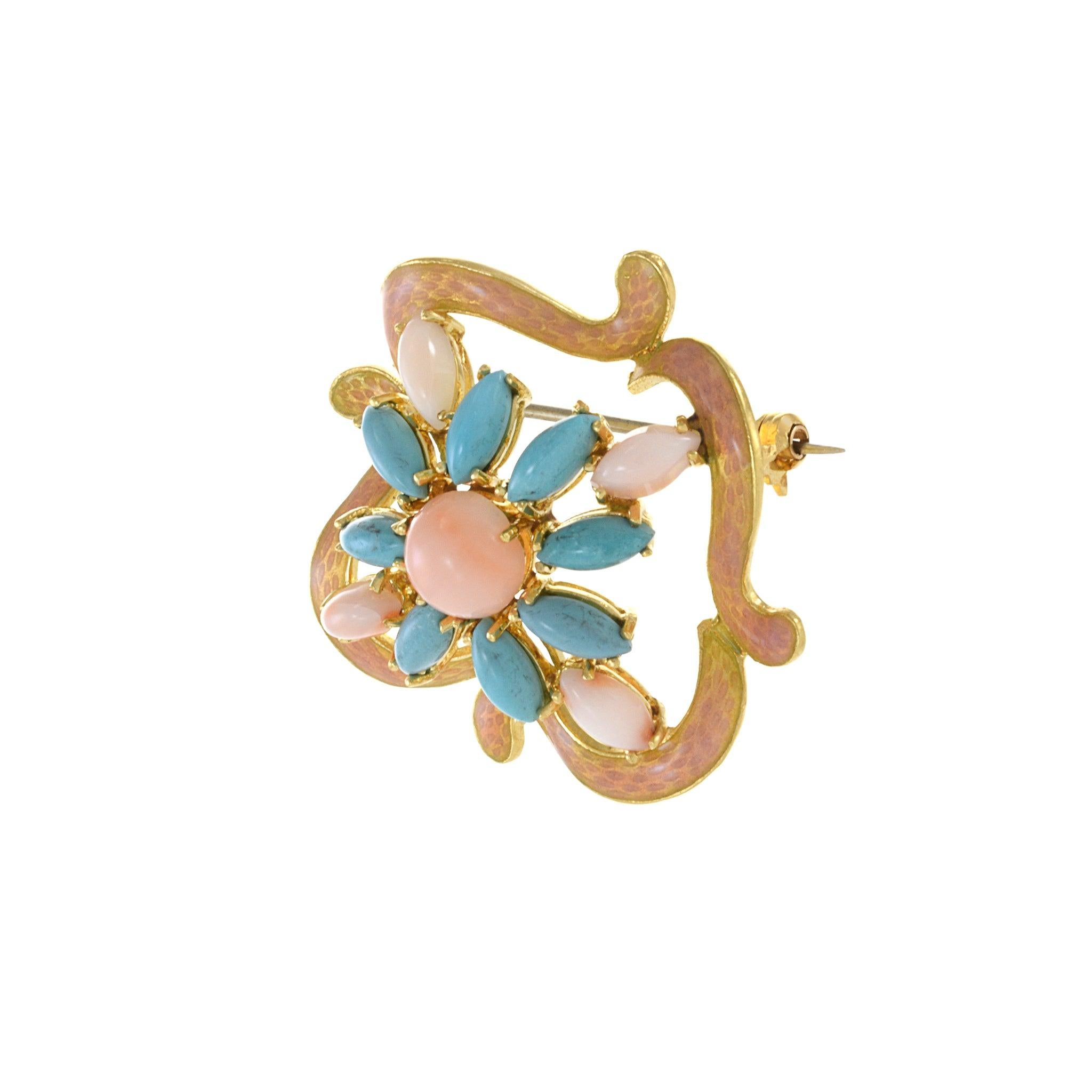 Round Cut Estate Retro Era 18KT Yellow Gold Genuine Turquoise, Angel Skin Coral And Pink E For Sale