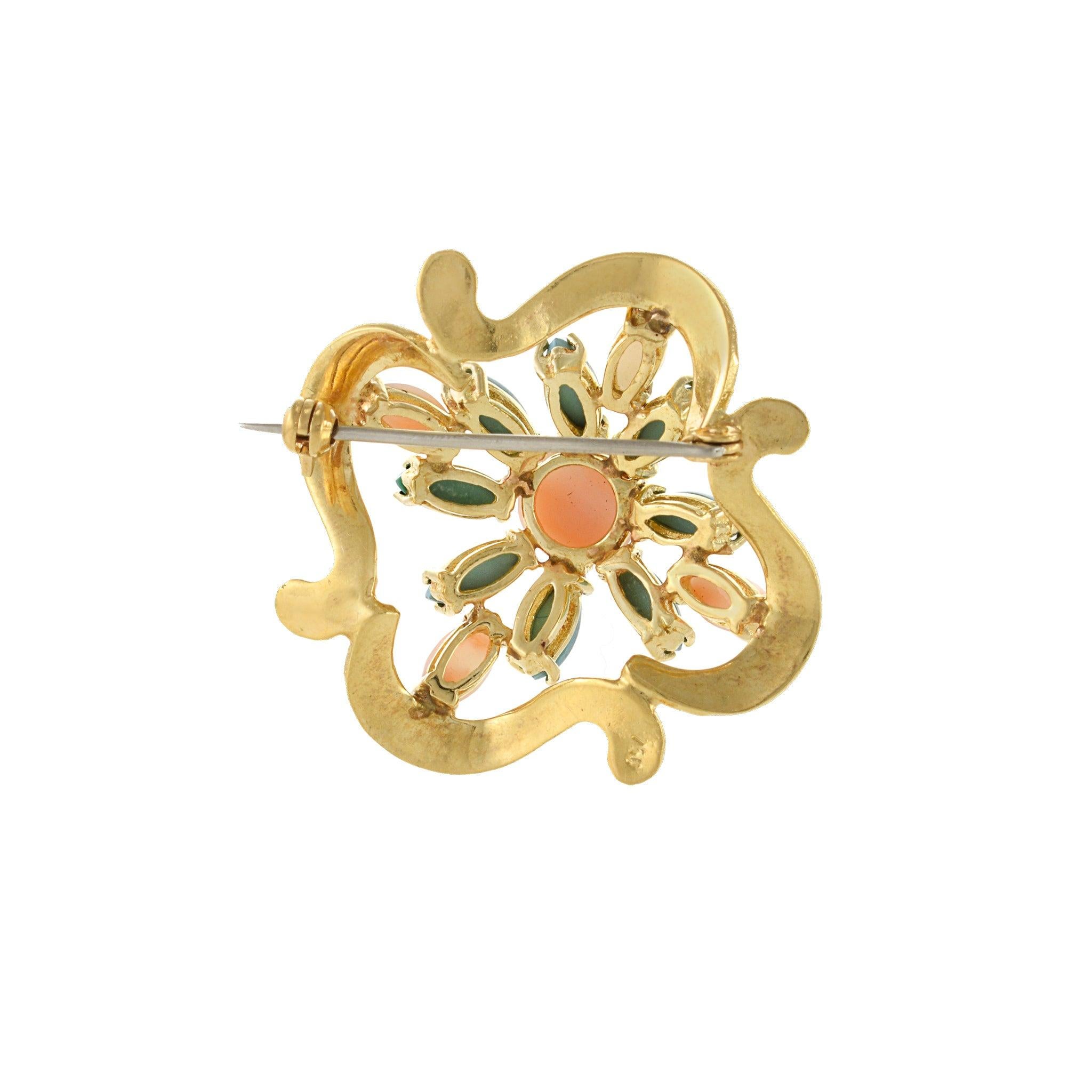 Estate Retro Era 18KT Yellow Gold Genuine Turquoise, Angel Skin Coral And Pink E In Excellent Condition For Sale In New York, NY