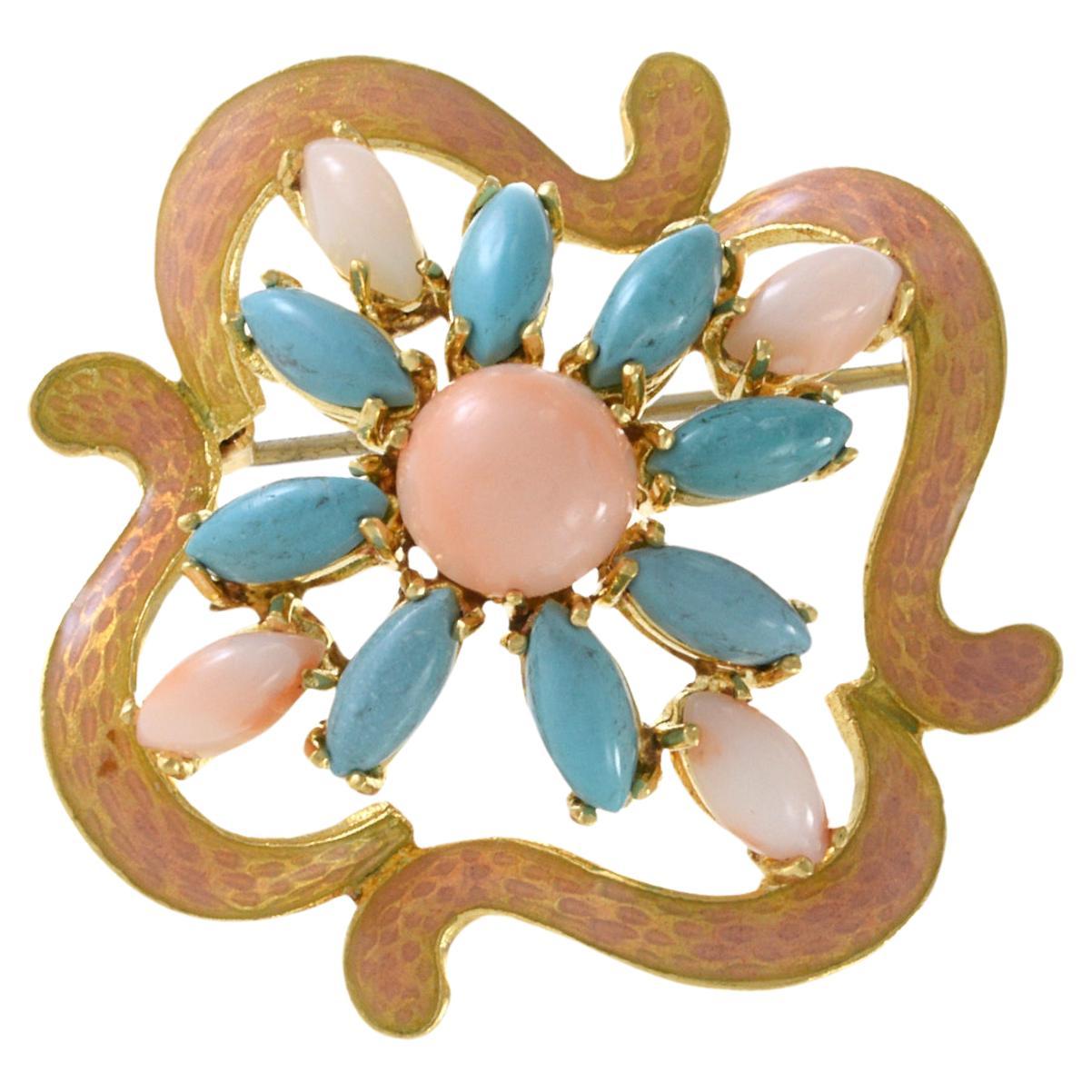 Estate Retro Era 18KT Yellow Gold Genuine Turquoise, Angel Skin Coral And Pink E
