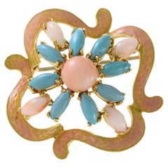 Nachlass Retro Ära 18KT Gelbgold Echter Türkis, Engelhaut Koralle und Rosa E