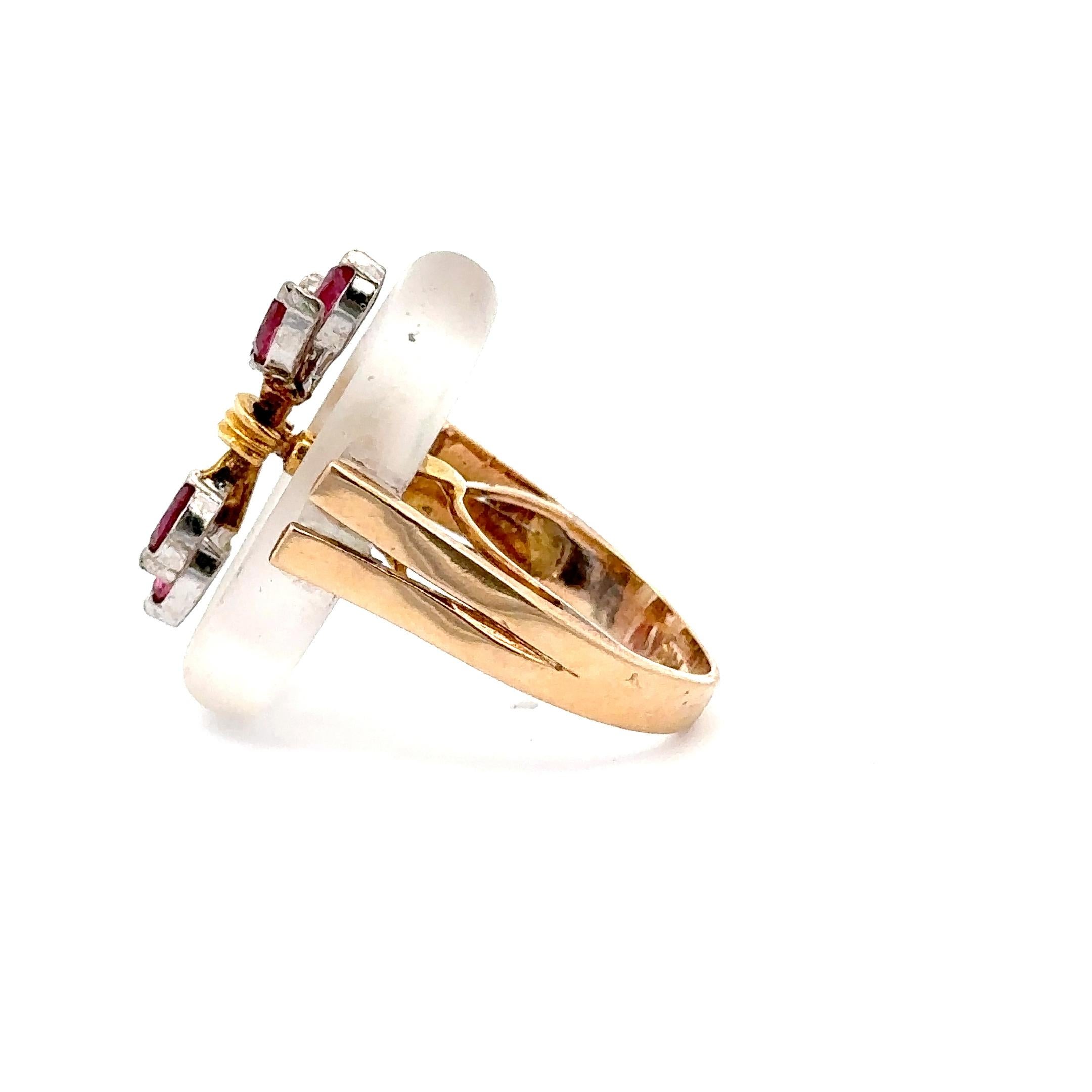 Oval Cut Estate Retro Era 18KT Yellow Gold Oval Quartz And Ruby Cocktail Ring For Sale