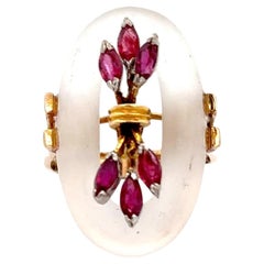 Estate Retro Era 18KT Yellow Gold Oval Quartz And Ruby Cocktail Ring