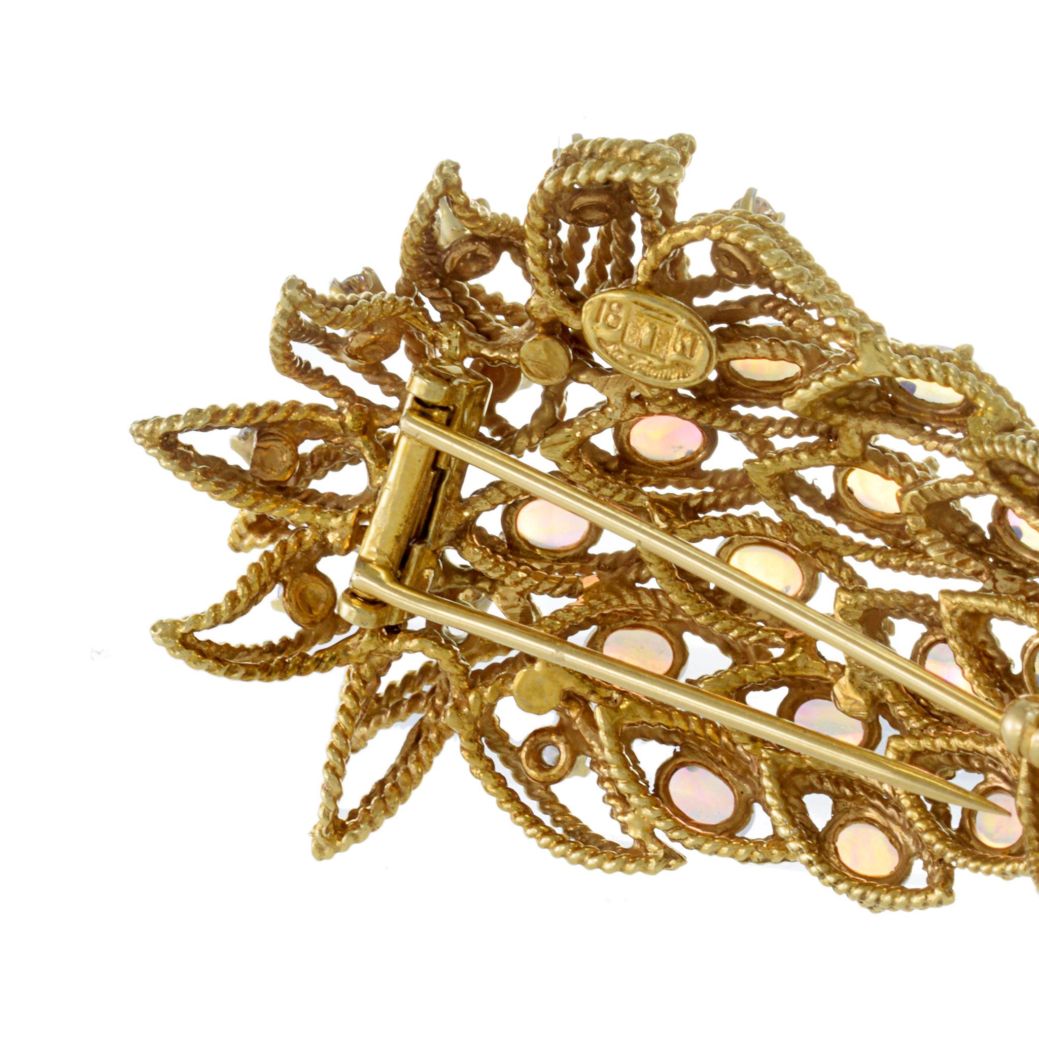 Cabochon Estate Retro Era 18KT Yellow Gold Rare Australian Opal And Diamond Leaf Pin For Sale