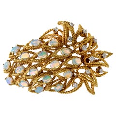 Estate Retro Era 18KT Yellow Gold Rare Australian Opal And Diamond Leaf Pin