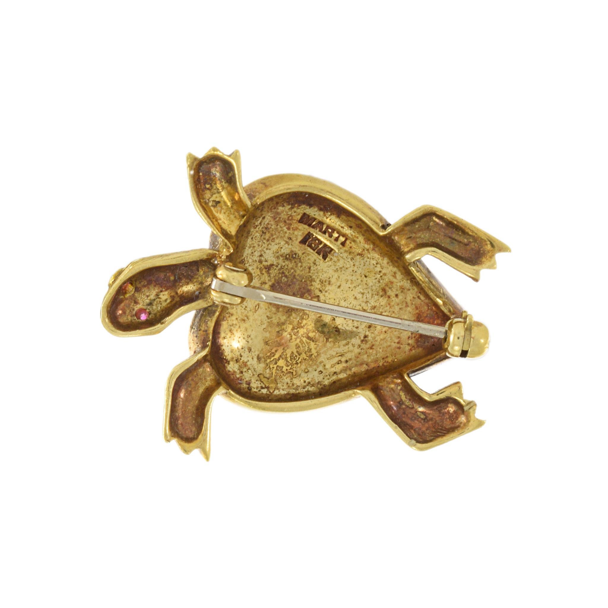 Round Cut Estate Retro Era Enamel, Diamond and Ruby Turtle Brooch For Sale