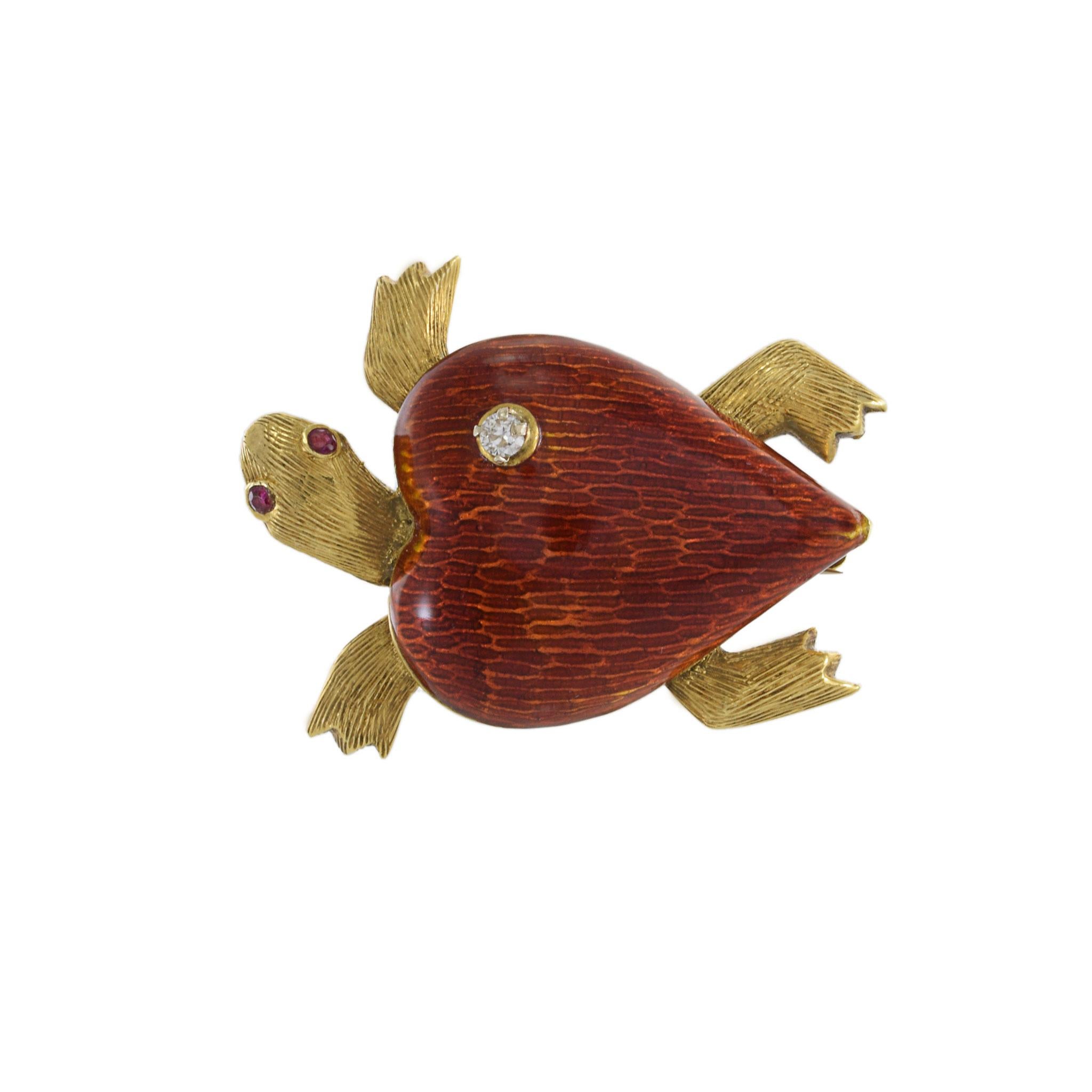 Estate Retro Era Enamel, Diamond and Ruby Turtle Brooch In Excellent Condition For Sale In New York, NY