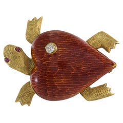 Estate Retro Era Enamel, Diamond and Ruby Turtle Brooch