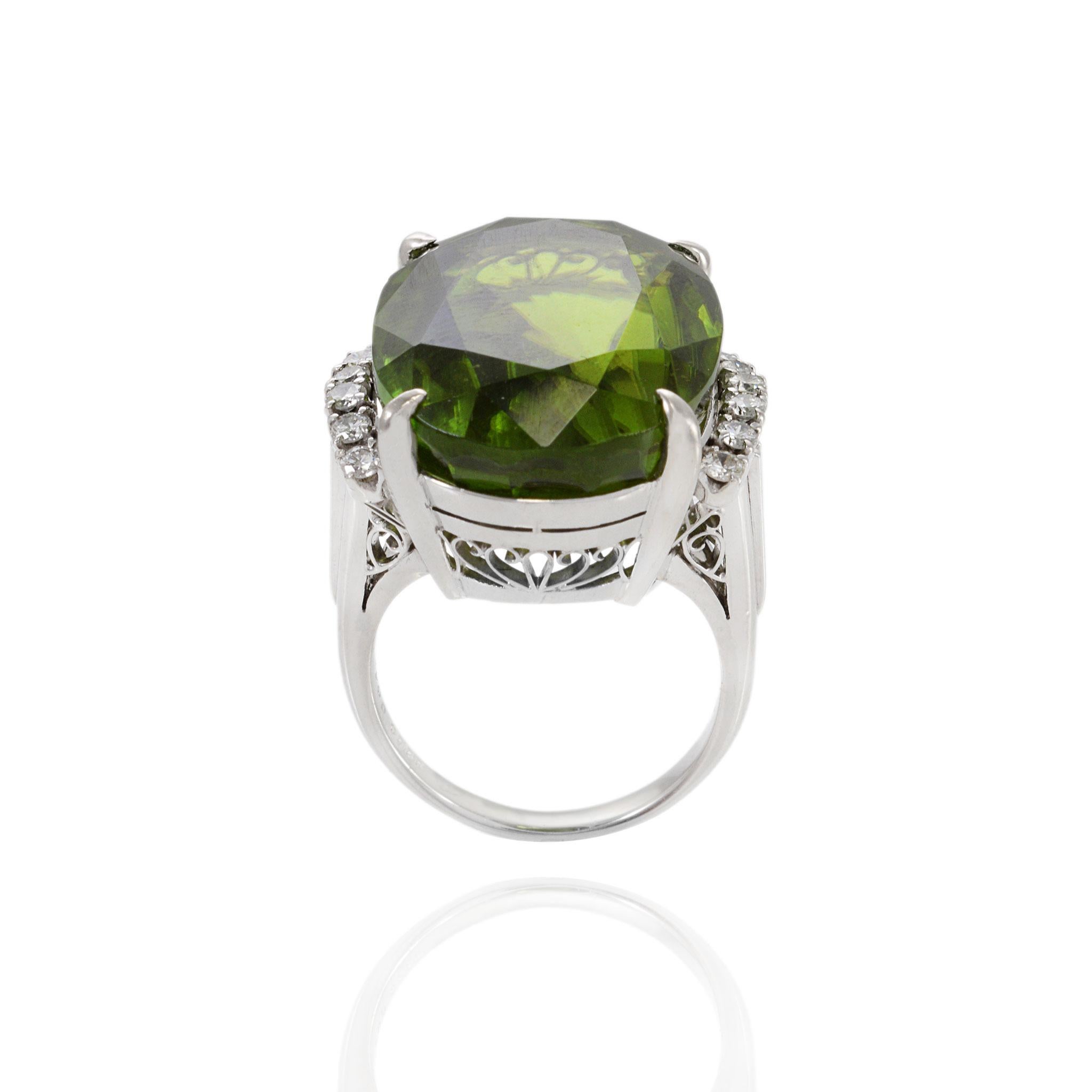 Women's or Men's Estate Retro Era Platinum Peridot And Diamond Ring For Sale