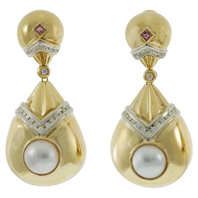 Orecchini di proprietà in stile retrò in oro giallo 18KT con perle e diamanti