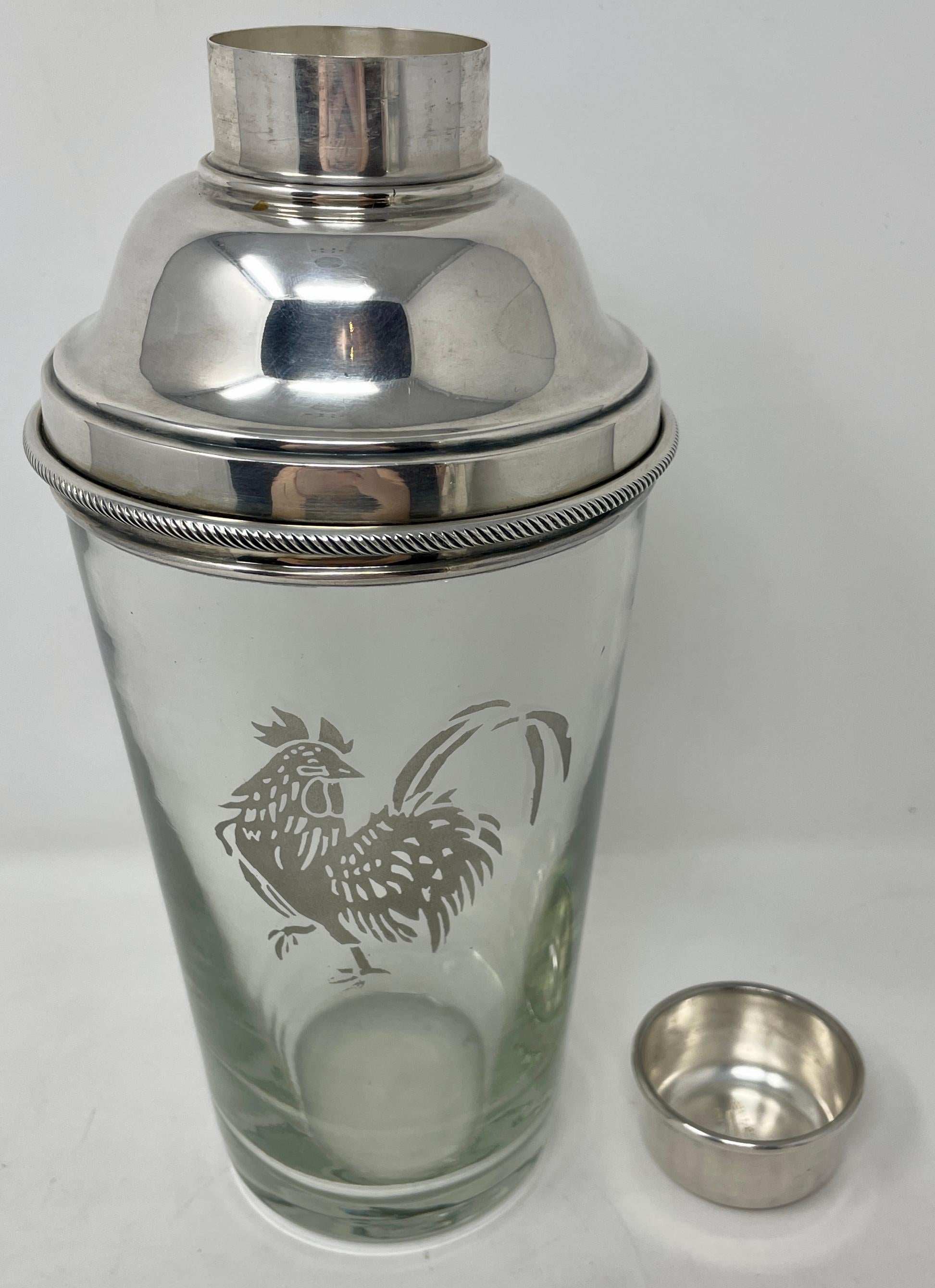 Estate Retro Rooster Cut Crystal & Silver-Plated Cocktail Shaker, circa 1930s In Good Condition For Sale In New Orleans, LA