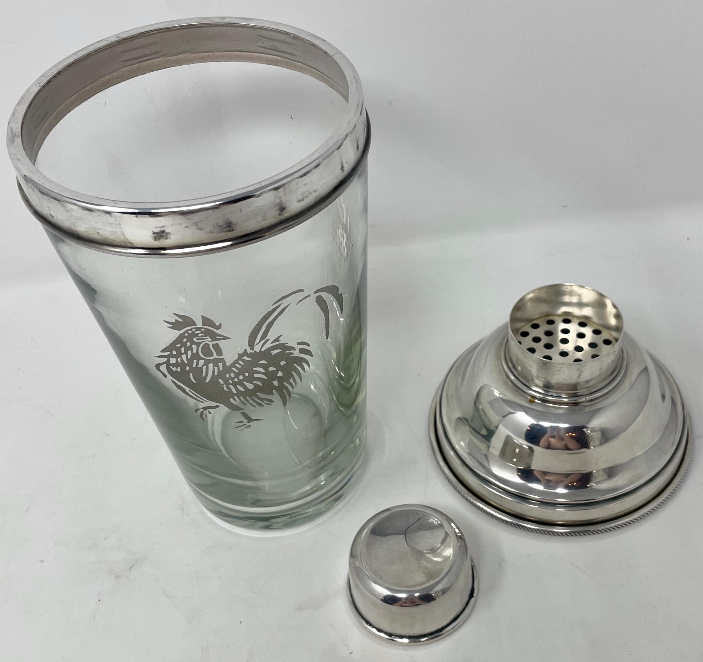 20th Century Estate Retro Rooster Cut Crystal & Silver-Plated Cocktail Shaker, circa 1930s For Sale