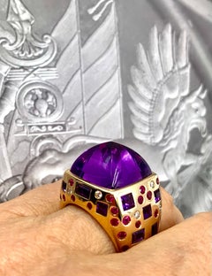 Estate RHR 18 TCW Amethyst Diamond Sapphire 18K Yellow Gold Cocktail Ring