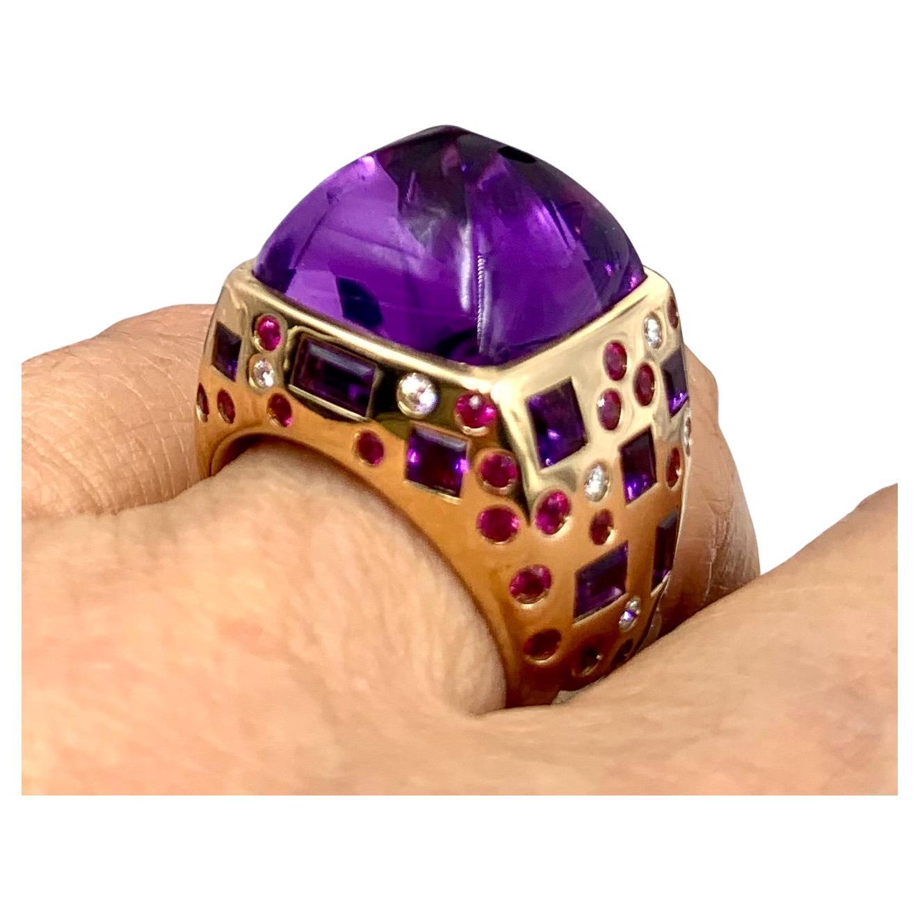 Estate RHR 18 TCW Amatista Diamante Zafiro Anillo de Cóctel de Oro Amarillo de 18K en venta