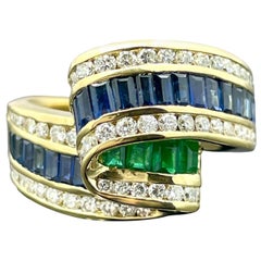 Anello Estate Ribbon Smeraldo Zaffiro Diamante Oro giallo 18k 2.25ctw