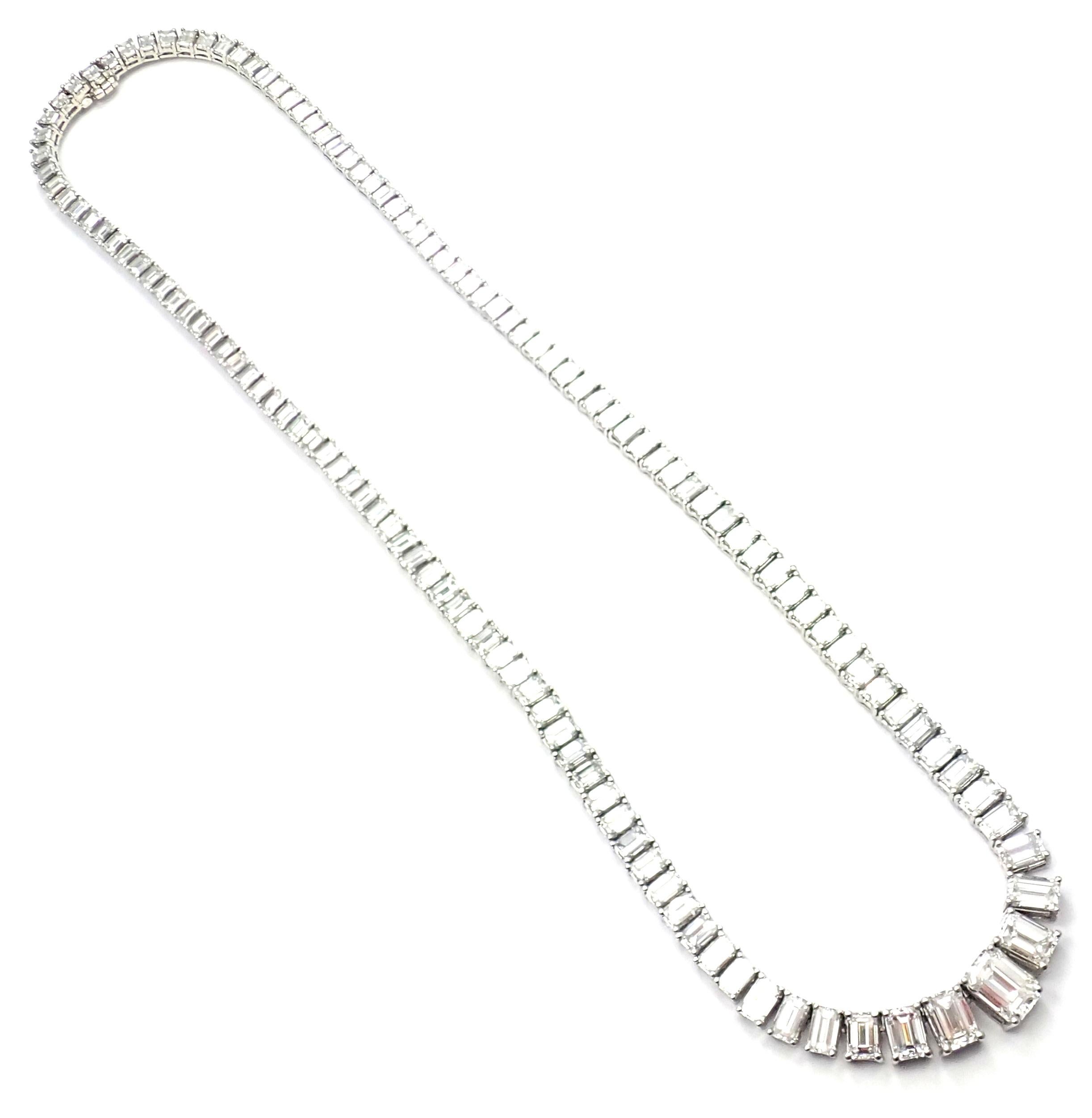 Estate Riviera Platinum 35ct Diamond Tennis Necklace.
With 127 emerald cut diamonds, the largest one comes with GIA report for VVS1 clarity, F color total weigh of all the diamonds is approximately 35ct
This necklace comes with GIA certificate for