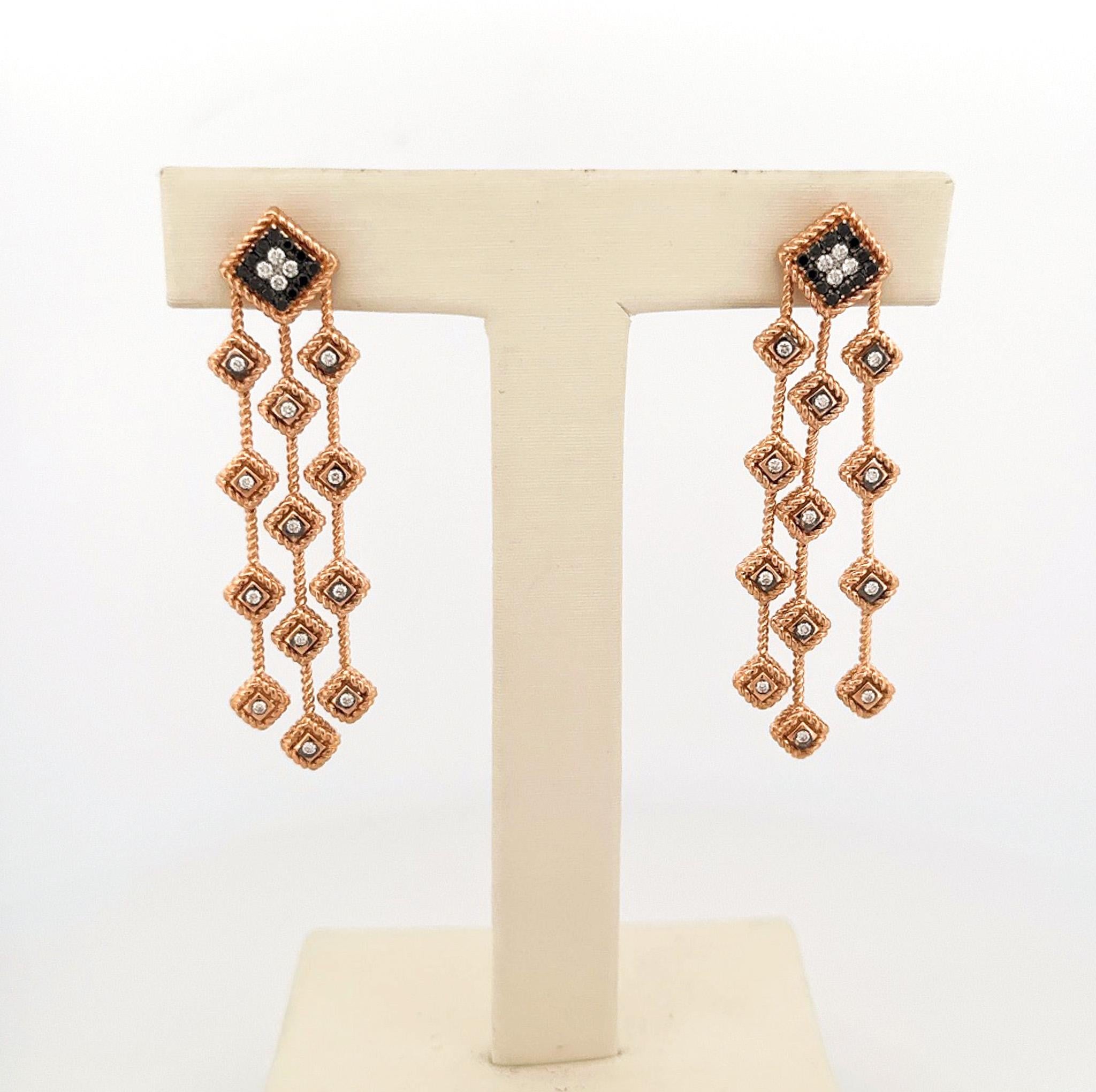 Modern Estate Roberto Coin Palazzo Ducale 18k Rose Gold Black & White Diamond Earrings For Sale