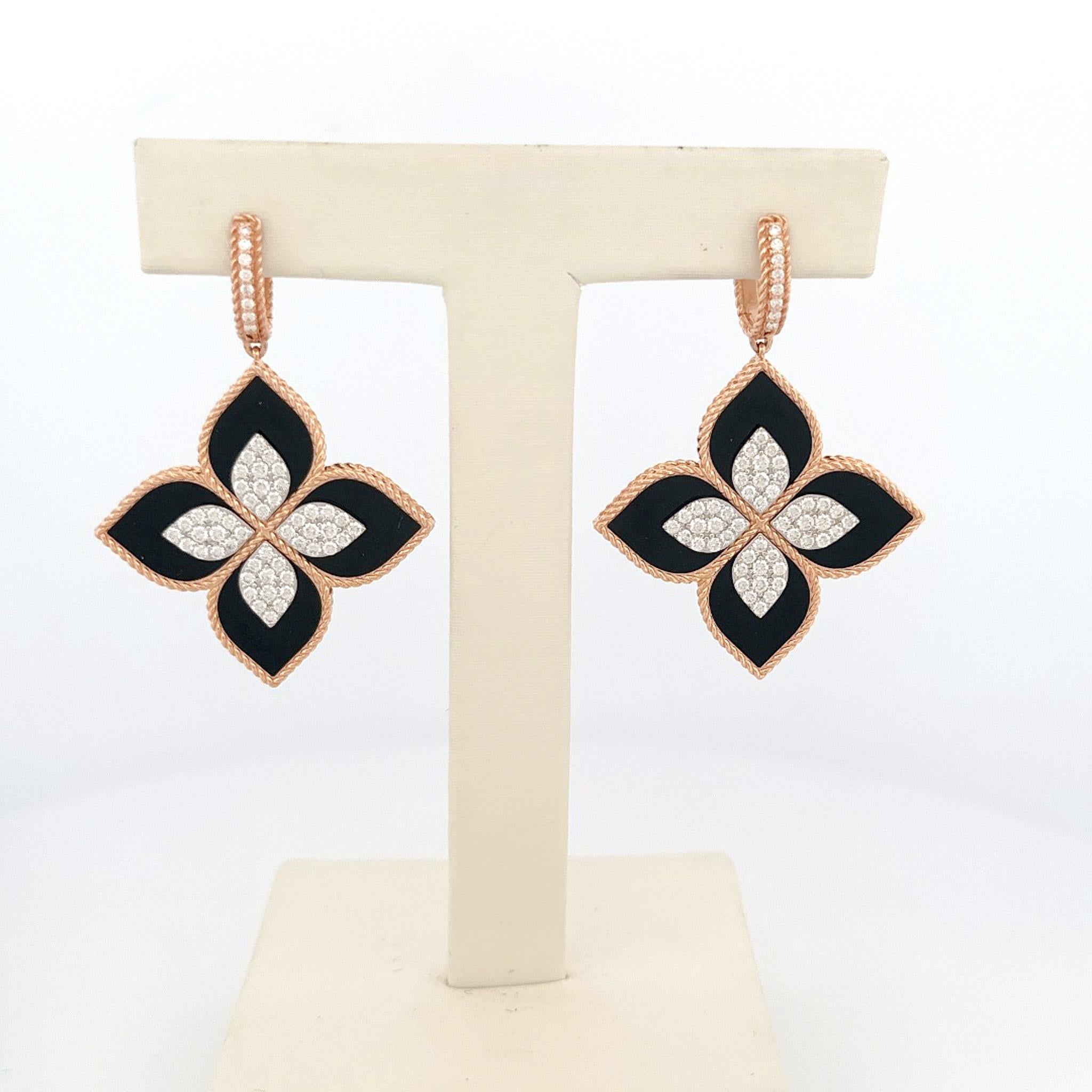 From designer Roberto Coin's Venetian Princess Collection, 18 karat rose gold black jade and diamond earrings. These earrings are crafted with 56 round brilliant cut diamonds with a total combined weight of 1.48 carats. These diamonds have GH color