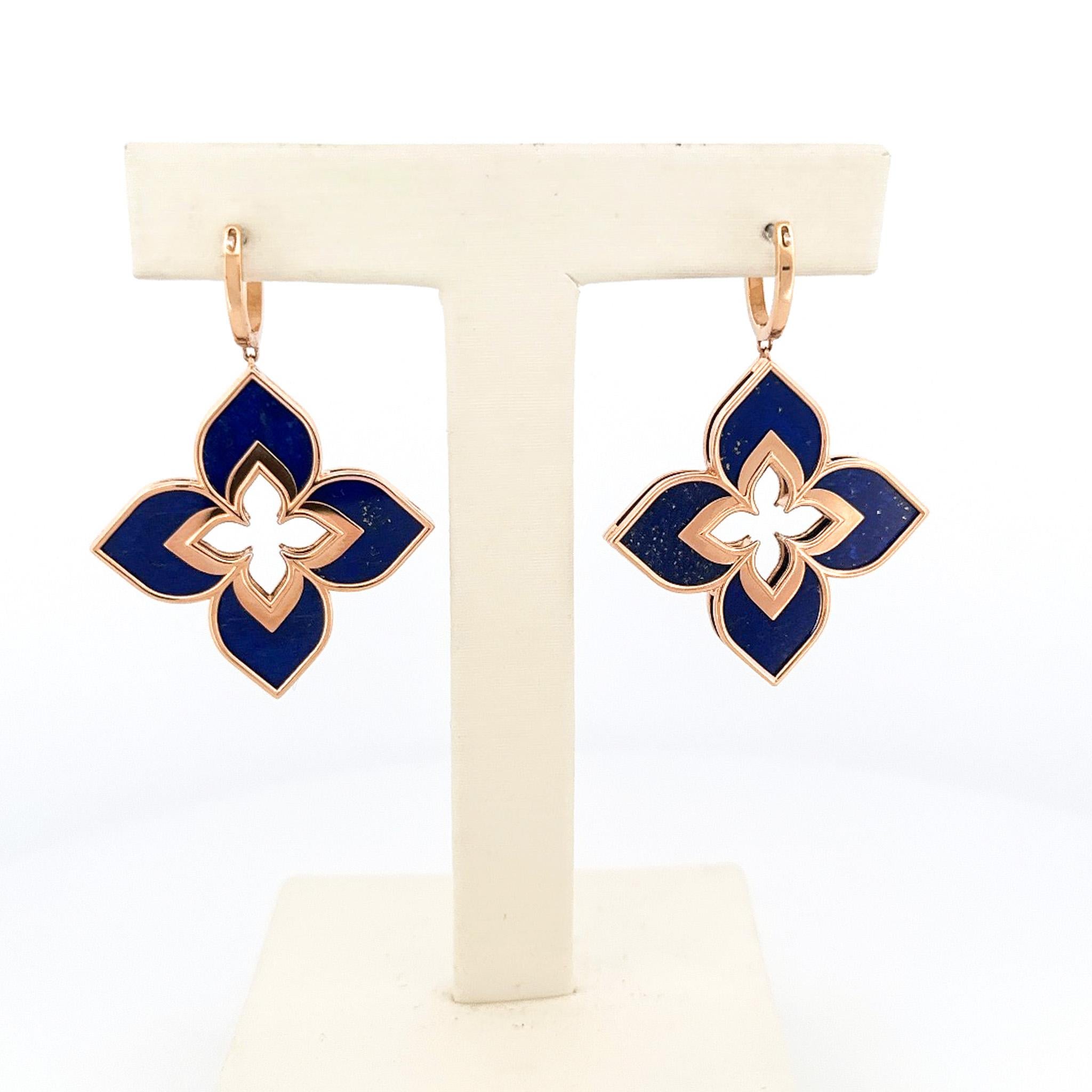 From designer Roberto Coin's Venetian Princess Collection, 18 karat rose gold lapis and diamond earrings. These earrings are crafted with 144 round brilliant cut diamonds with a total combined weight of 0.25 carats. These diamonds have H color and