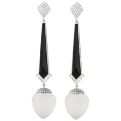 Pendants d'oreilles en cristal de roche, onyx et diamant en or blanc 18K