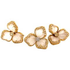 Estate Rock Crystal Quartz and Diamond Floral Ring and Earring Set 18 Karat Gold