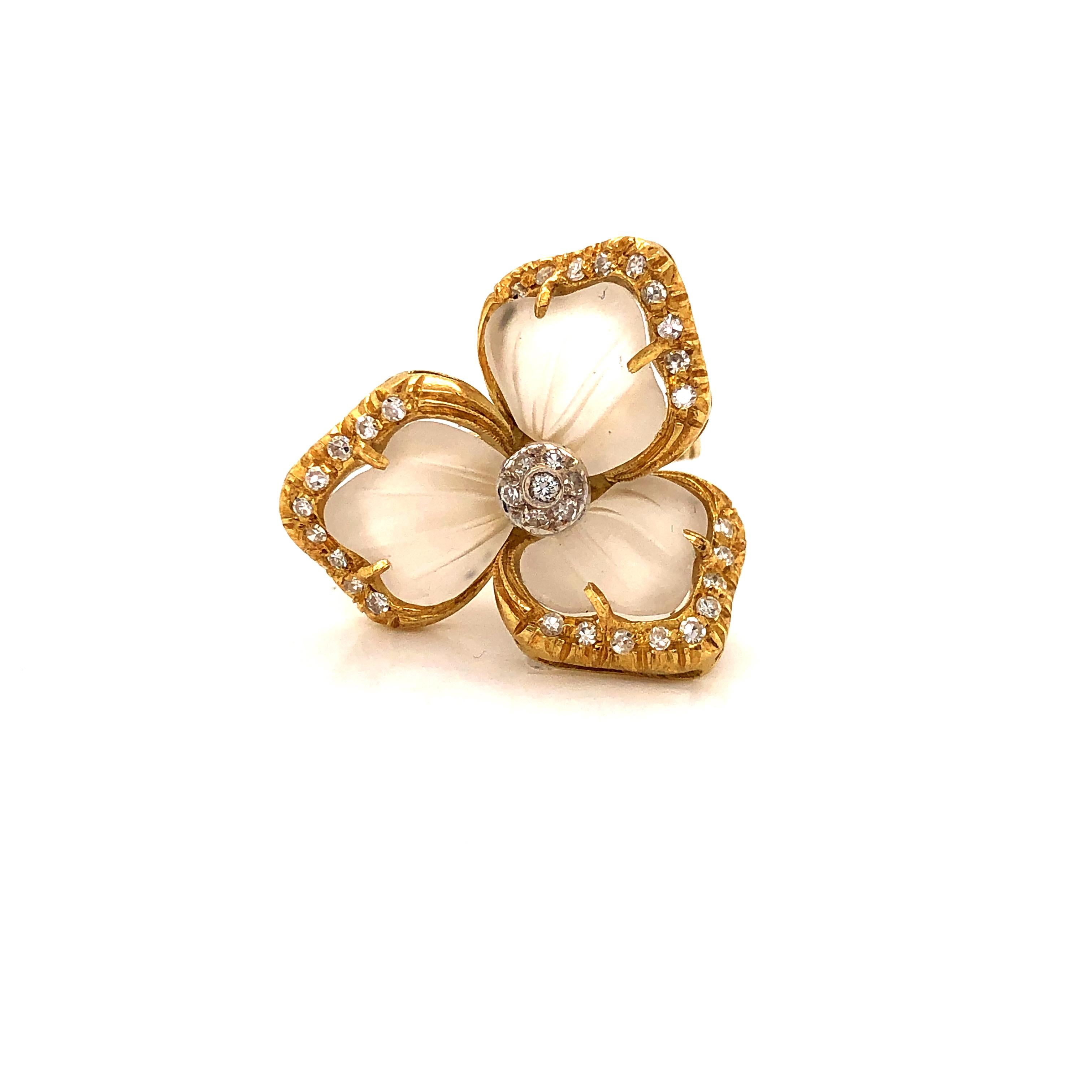 Retro Estate Rock Crystal Quartz and Diamond Floral Ring and Earring Set 18 Karat Gold