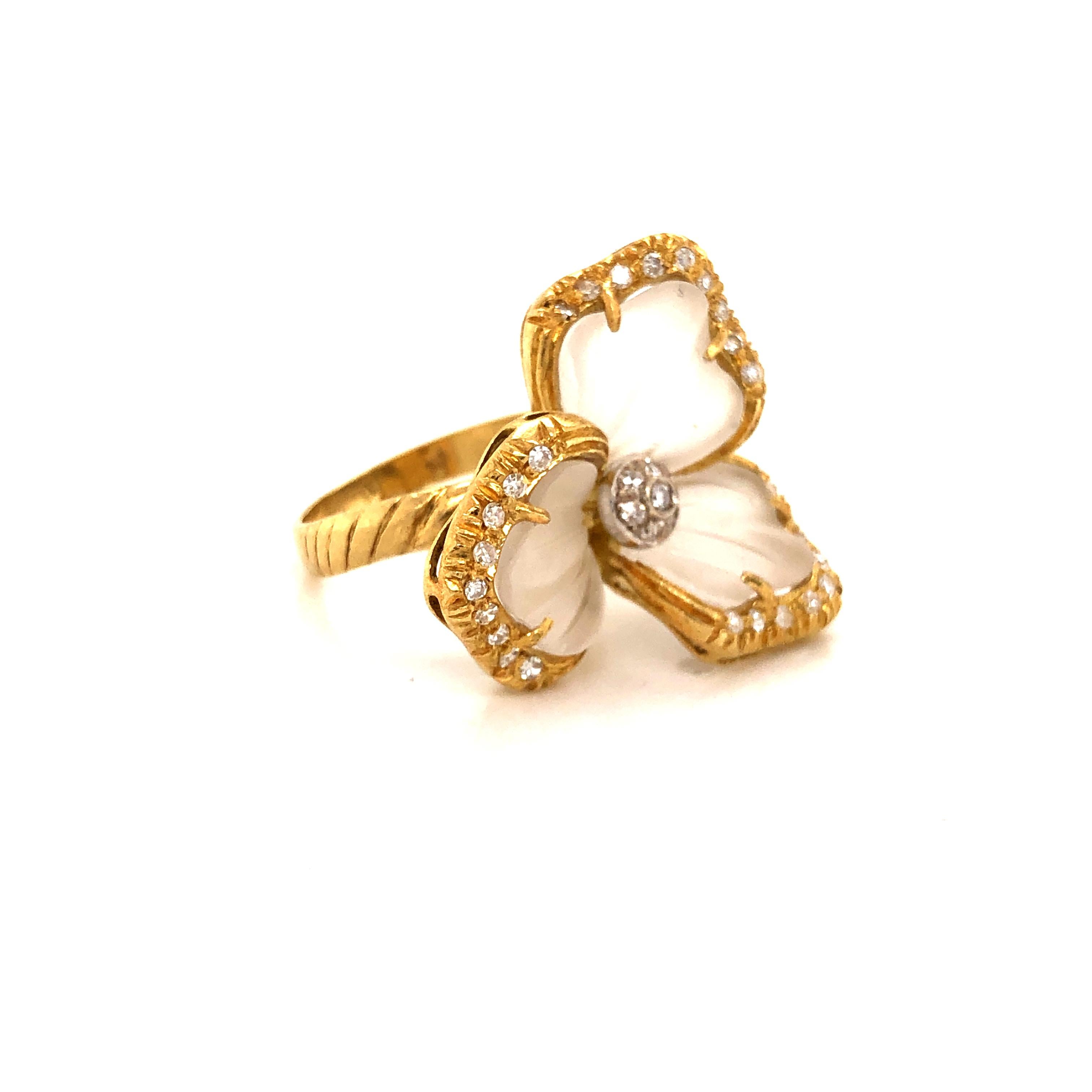 Estate Rock Crystal Quartz and Diamond Floral Ring and Earring Set 18 Karat Gold 1