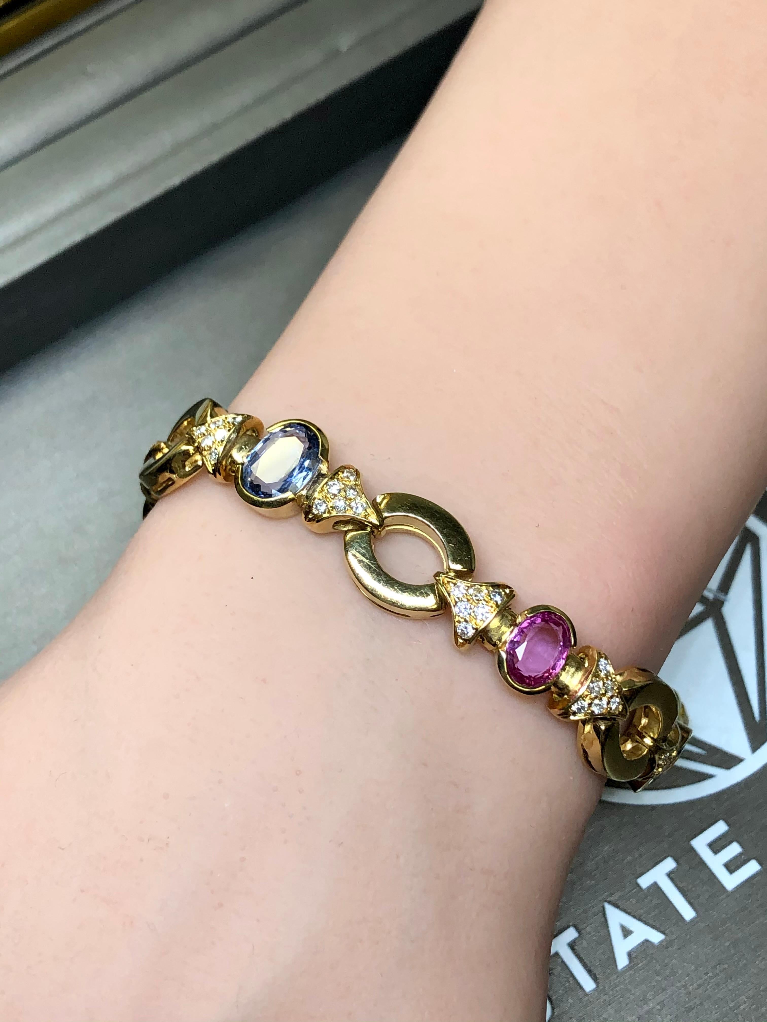 Estate ROMAN 18K Pink Blue Sapphire Diamond Circle Link Bracelet 10.26cttw 7.25” For Sale 1