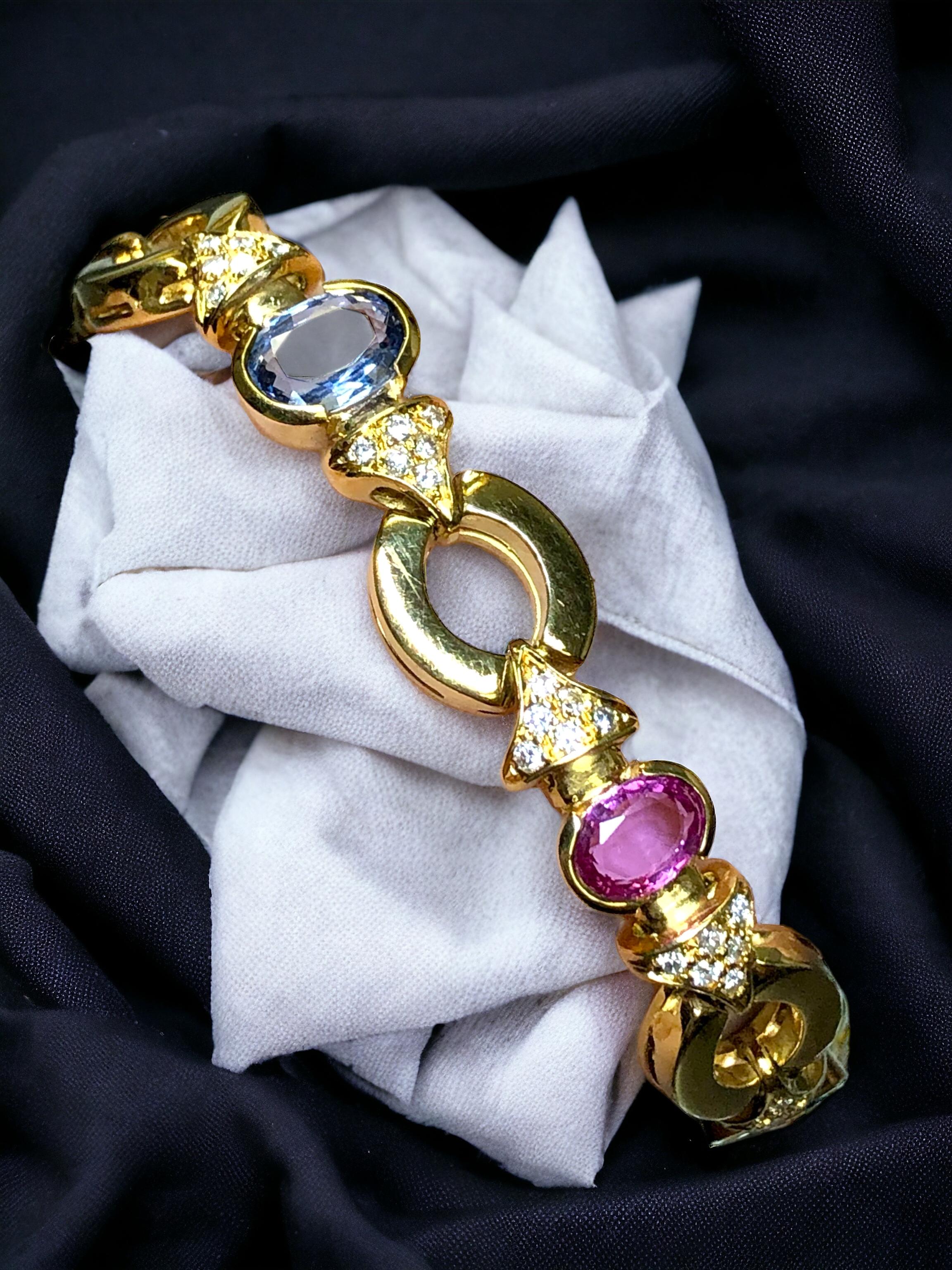 Estate ROMAN 18K Pink Blue Sapphire Diamond Circle Link Bracelet 10.26cttw 7.25” For Sale 2