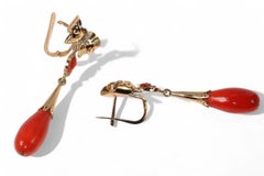 Estate Rose Cut Diamond Bow Drop Coral 18K Yellow Gold Earrings
