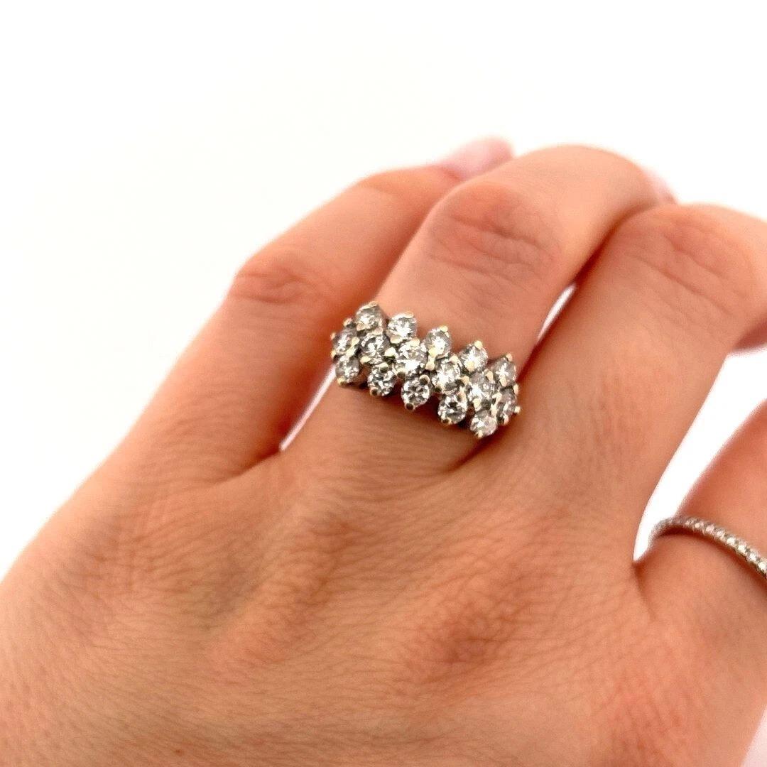 Estate Round 4.45 Grams Natural H-I 1.60CTW SI Diamond Three Row Ring Size  7.25 In Excellent Condition For Sale In Carmel By The Sea, CA