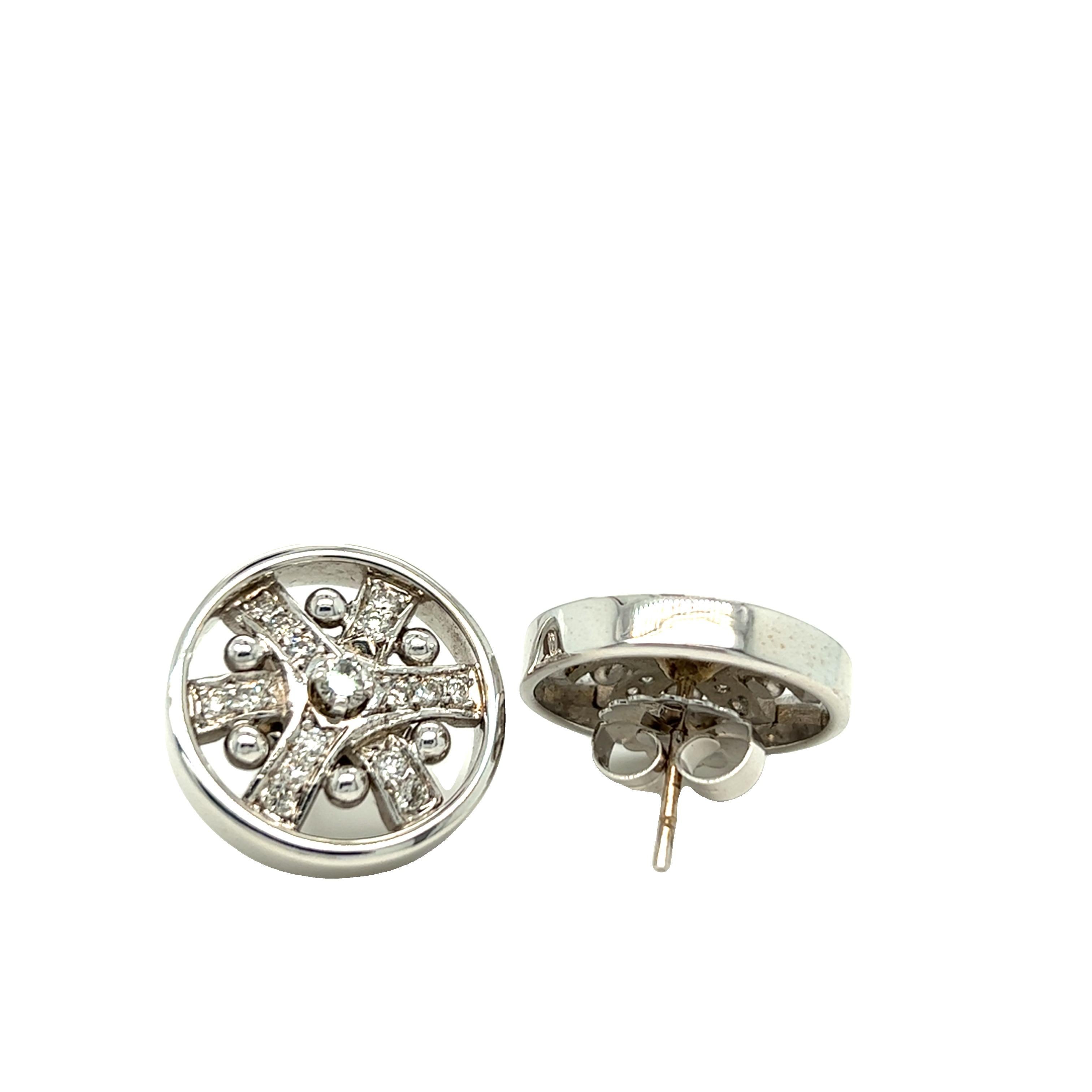 Modern Estate Round Disc Stud Earrings 14K White Gold For Sale