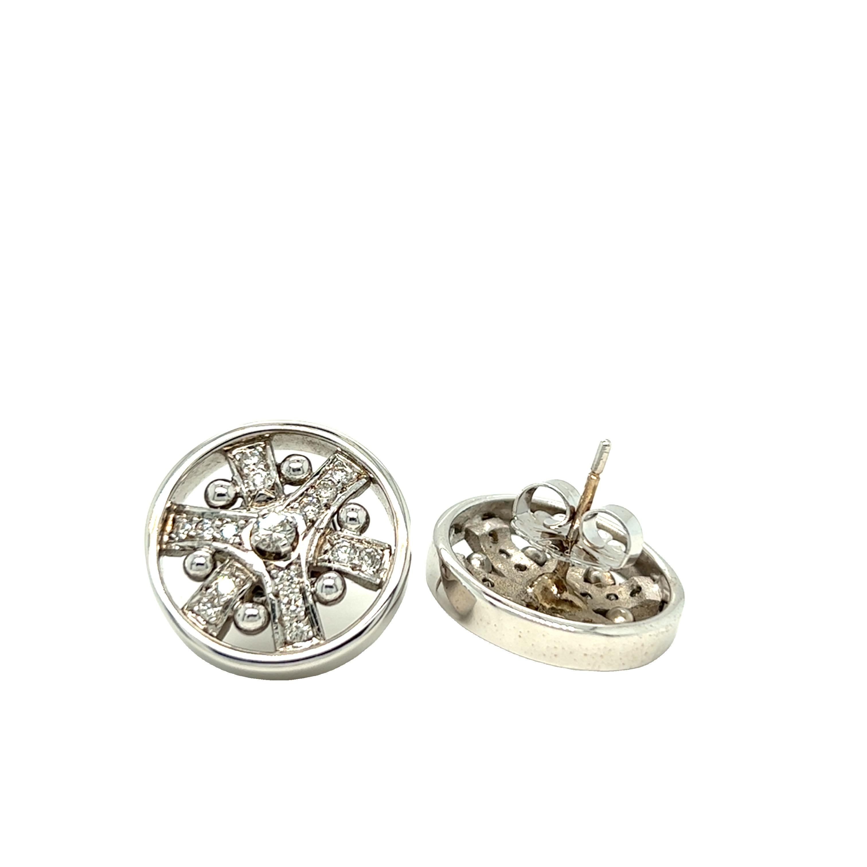 Round Cut Estate Round Disc Stud Earrings 14K White Gold For Sale