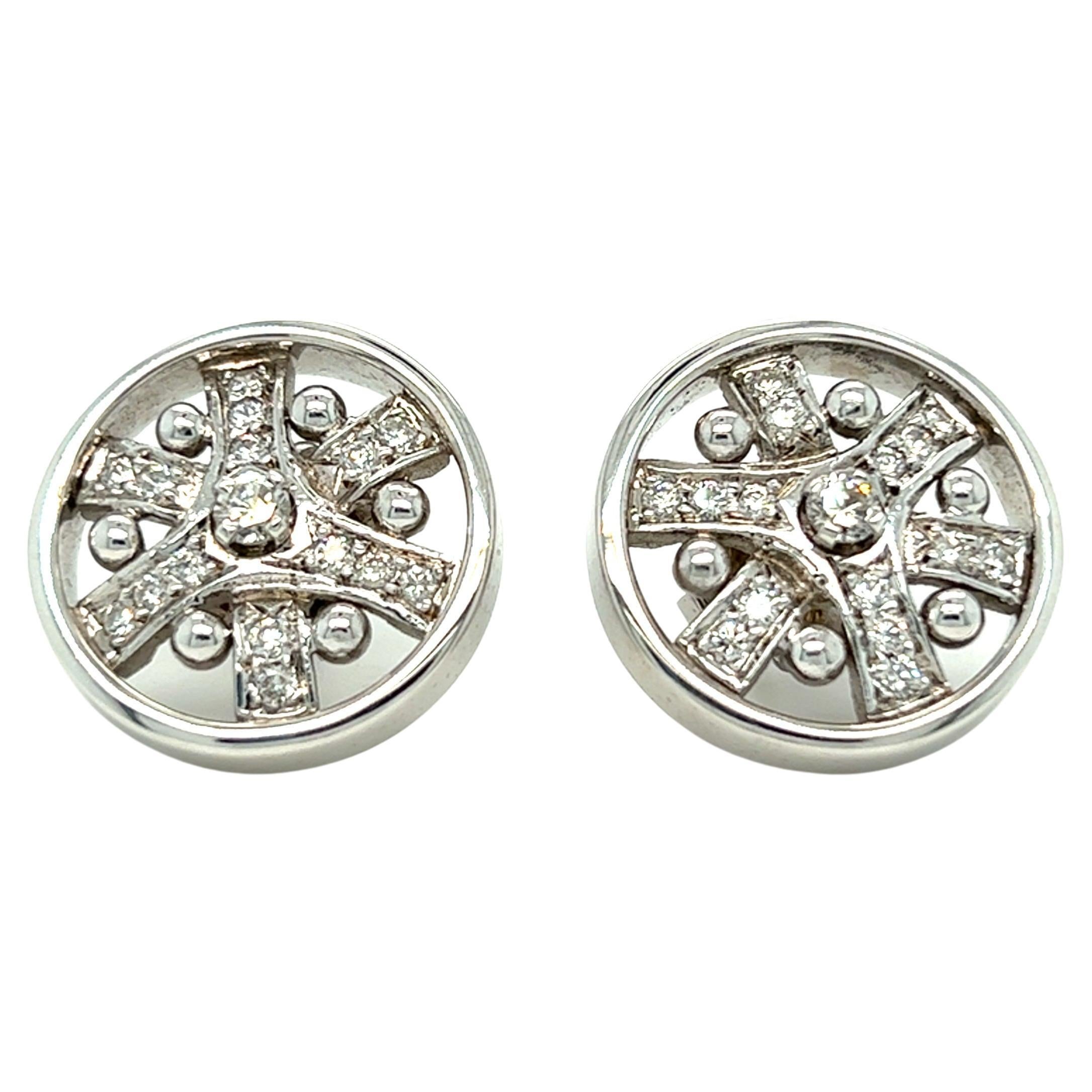 Estate Round Disc Stud Earrings 14K White Gold