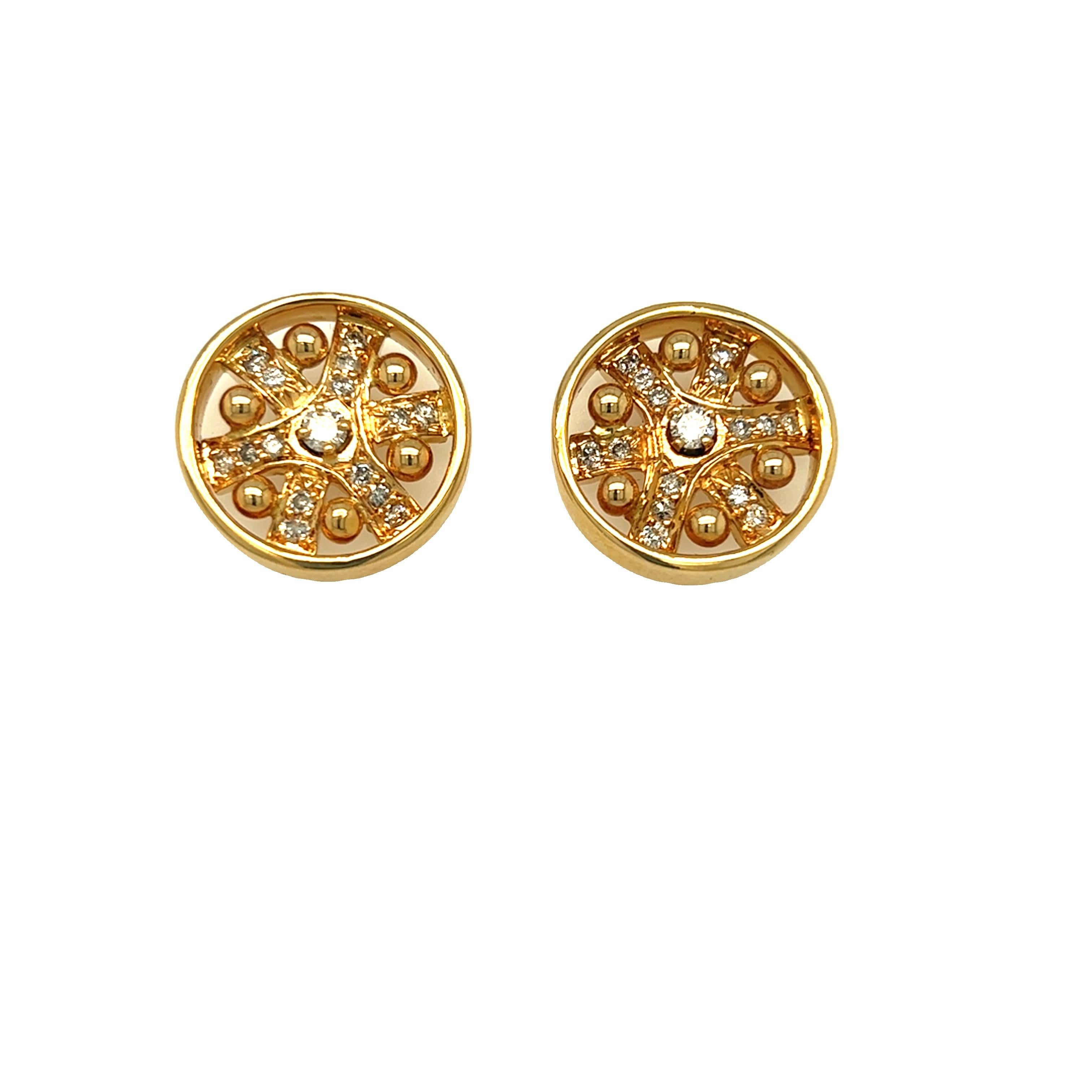 Modern Estate Round Disc Stud Earrings 14K Yellow Gold For Sale