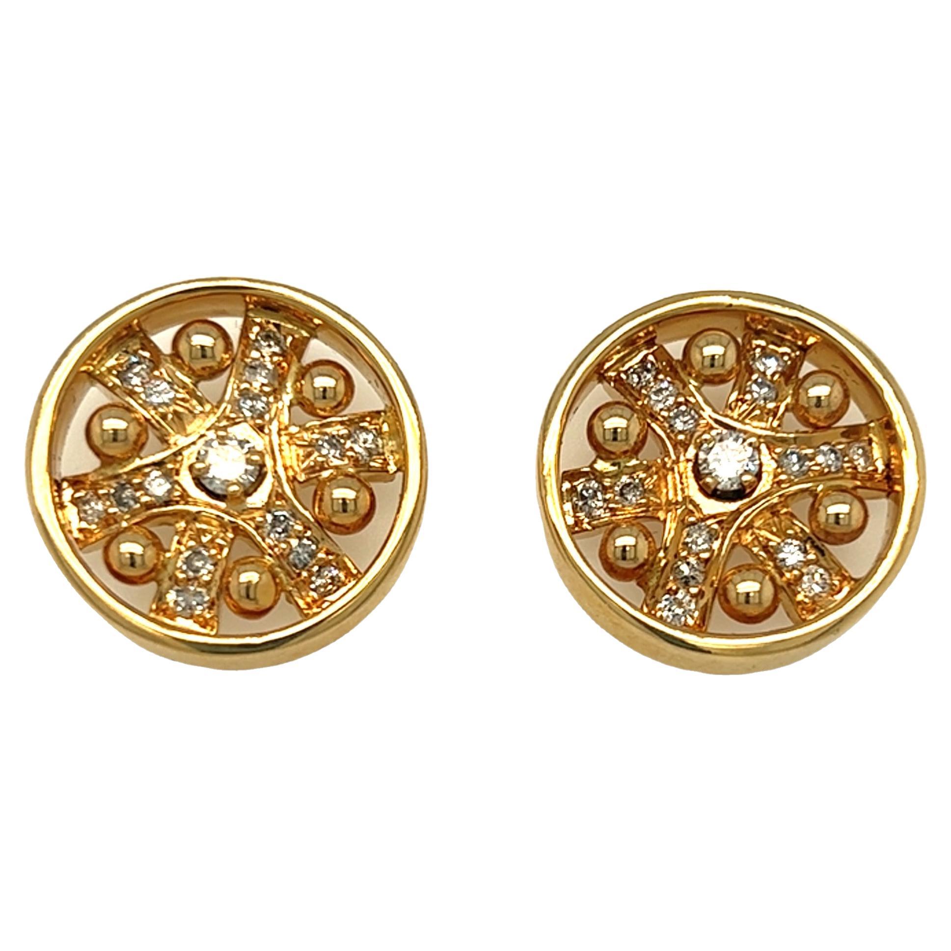 Estate Round Disc Stud Earrings 14K Yellow Gold For Sale