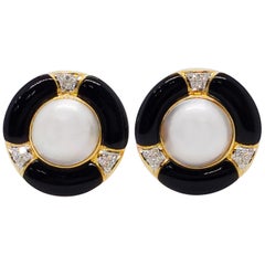Estate Round Mabe Pearl, Onyx, and Diamond Clip-On Earrings in 18k Yellow Gold