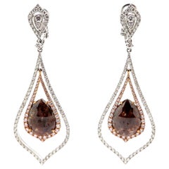 Nachlass-Tropfen-Ohrringe mit runden weißen und rosa Diamanten aus 18 Karat zweifarbigem Gold