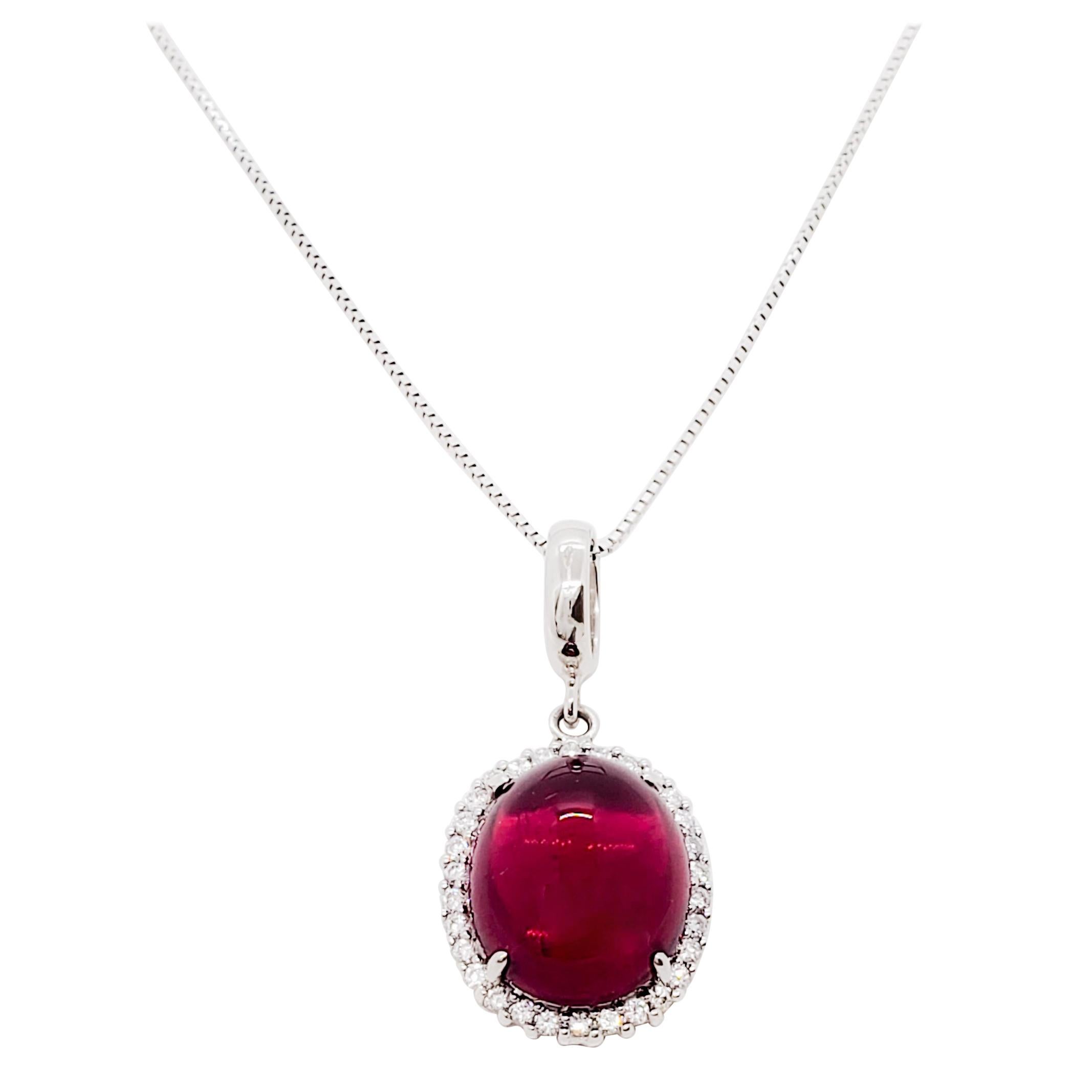 Estate Rubellite Cabochon and White Diamond Pendant Necklace