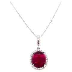 Estate Rubellite Cabochon and White Diamond Pendant Necklace