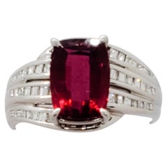 Estate Rubellite Cushion and Diamond Baguette Cocktail Ring in Platinum