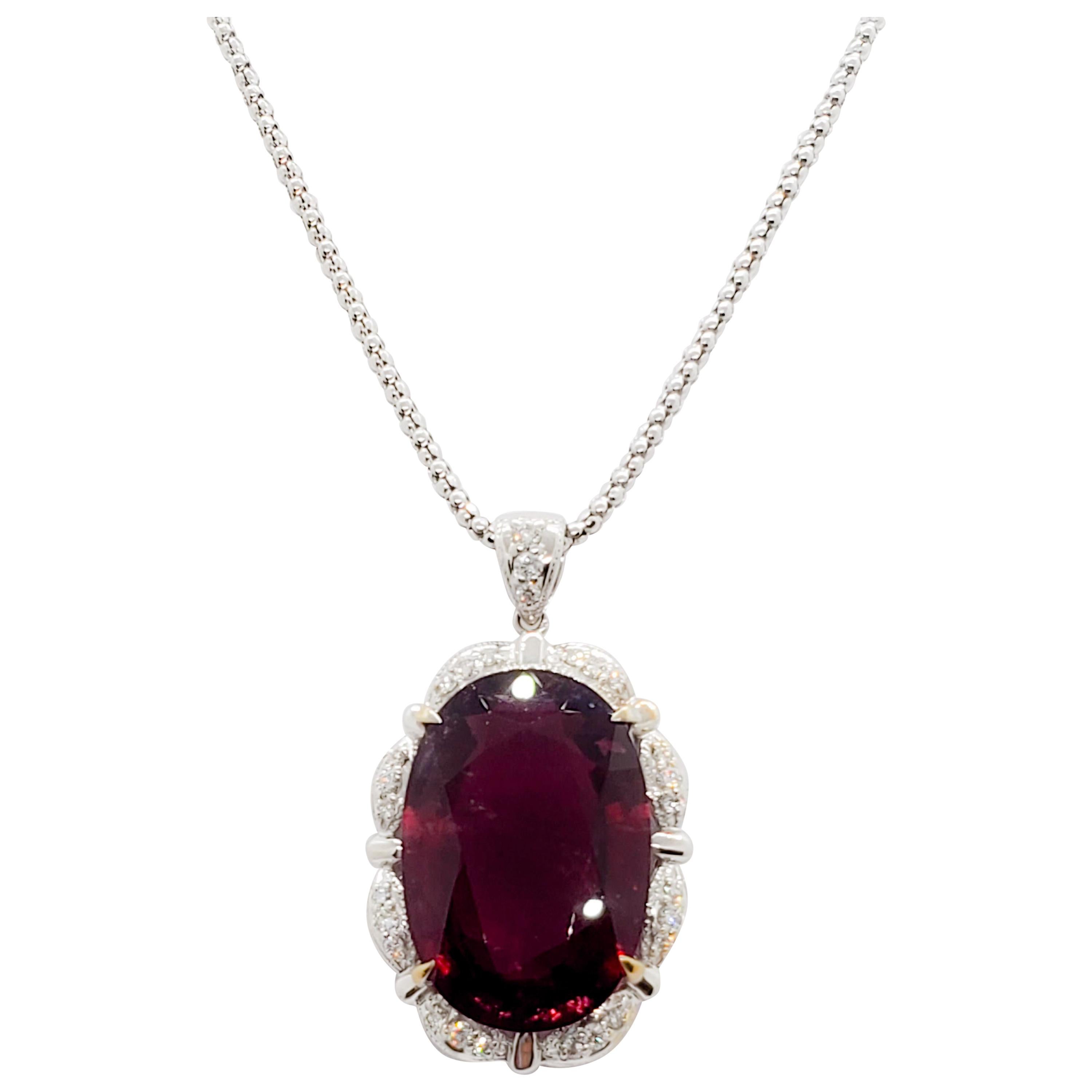 Estate Rubellite Oval and White Diamond Pendant Necklace in 18 Karat White Gold