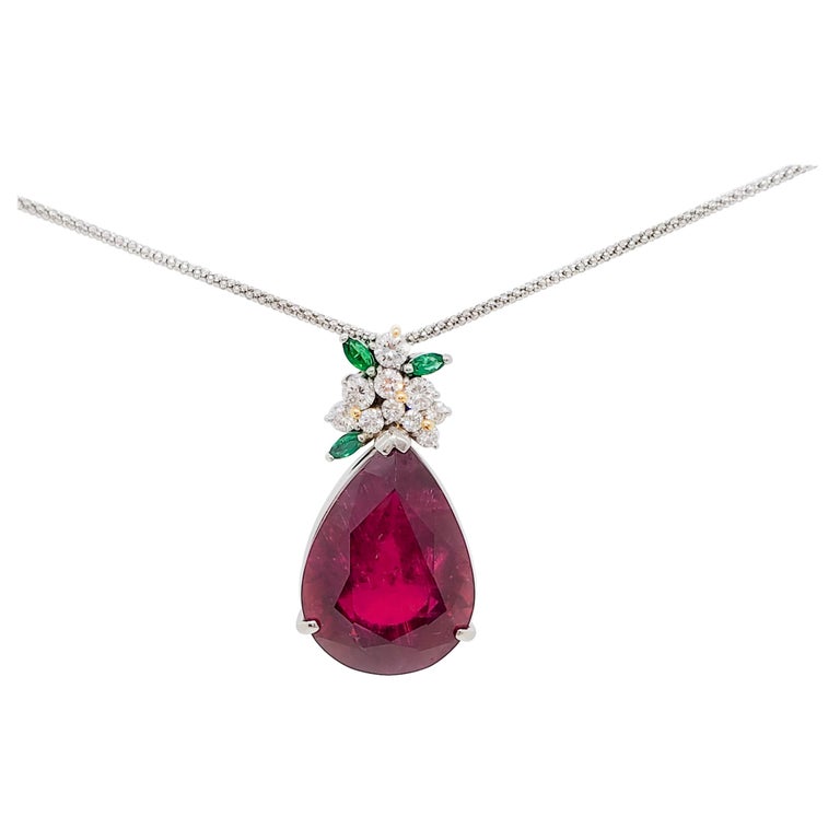 Estate Rubellite Pear, Emerald, and White Diamond Pendant Necklace For ...