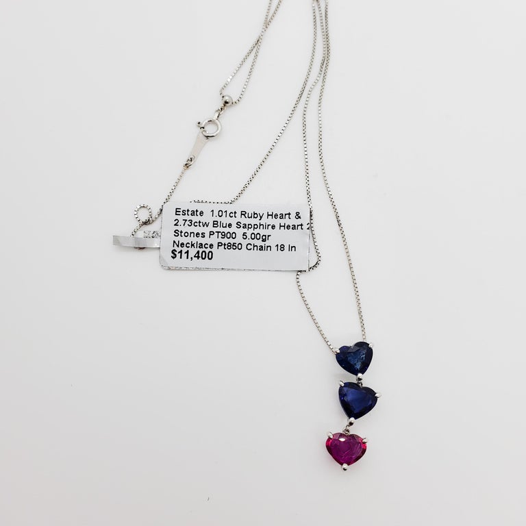 Estate Ruby and Blue Sapphire Dangle Pendant Necklace in Platinum For ...