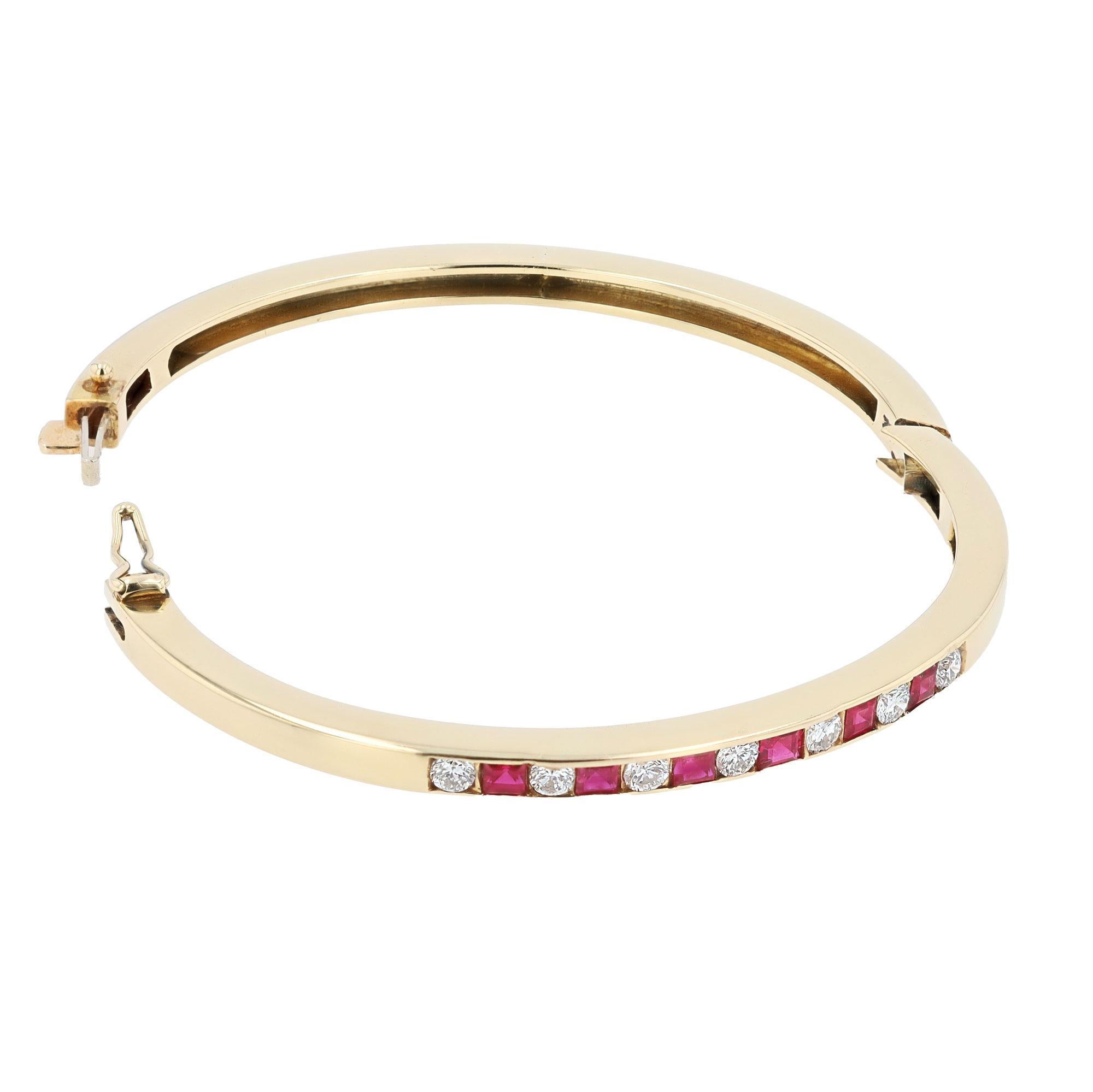 Contemporary Estate Ruby and Diamond 14k Gold Bangle Bracelet For Sale