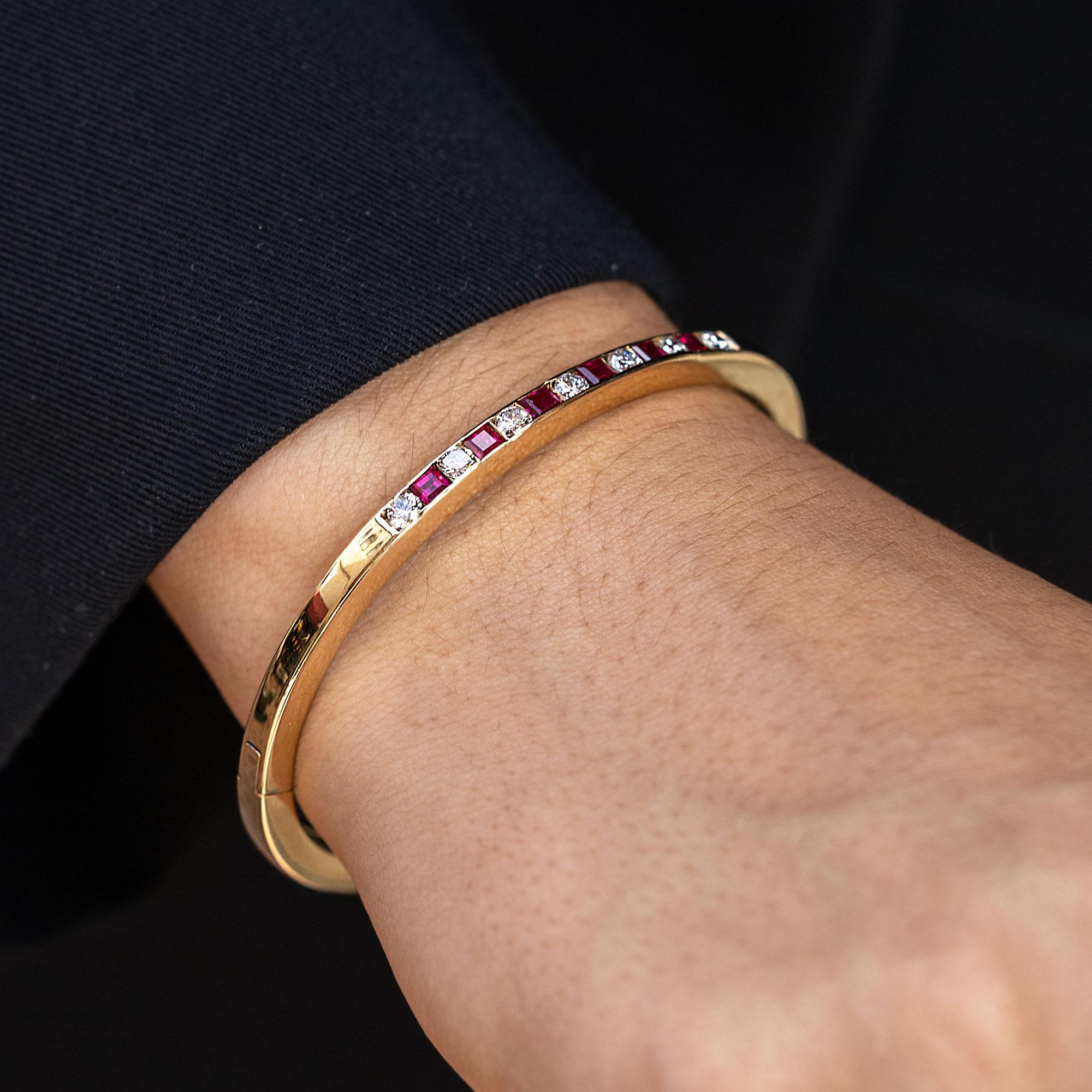Brilliant Cut Estate Ruby and Diamond 14k Gold Bangle Bracelet For Sale