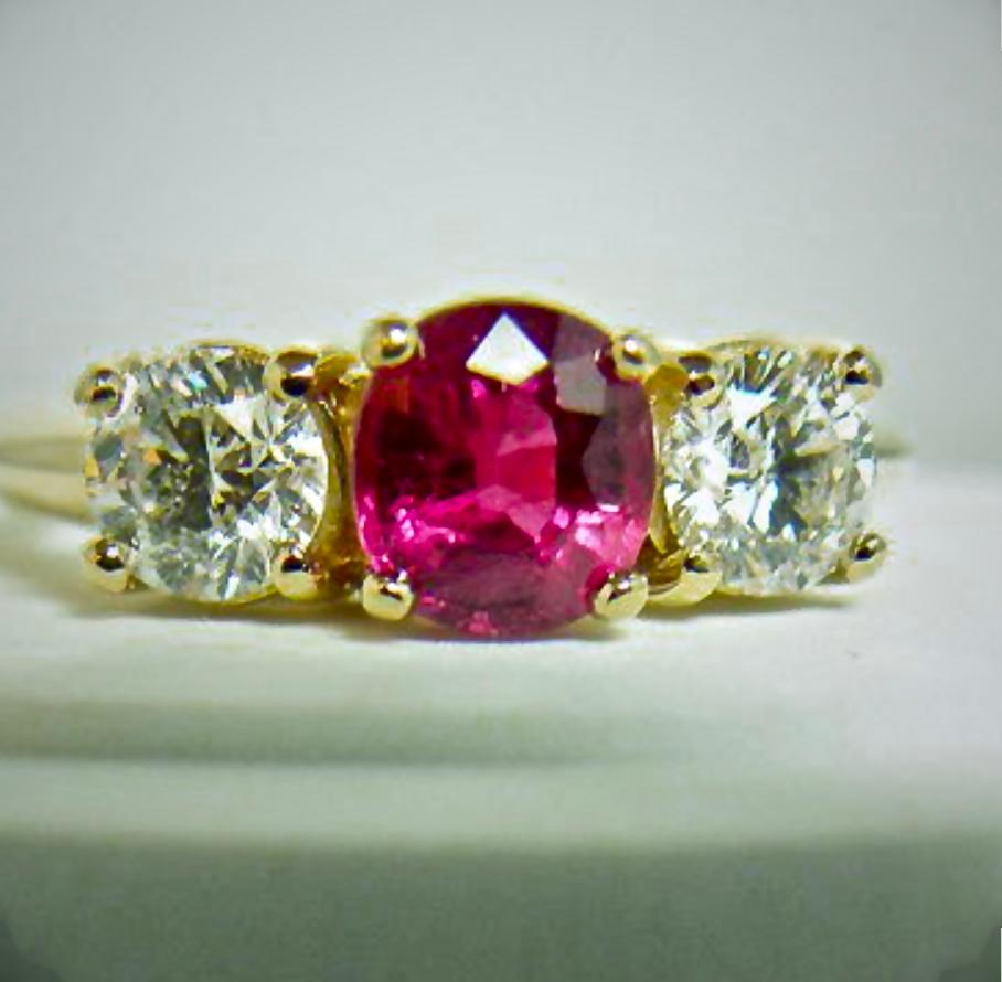 Women's Estate Natural Ruby Diamond Trilogy Engagement Ring Gold
