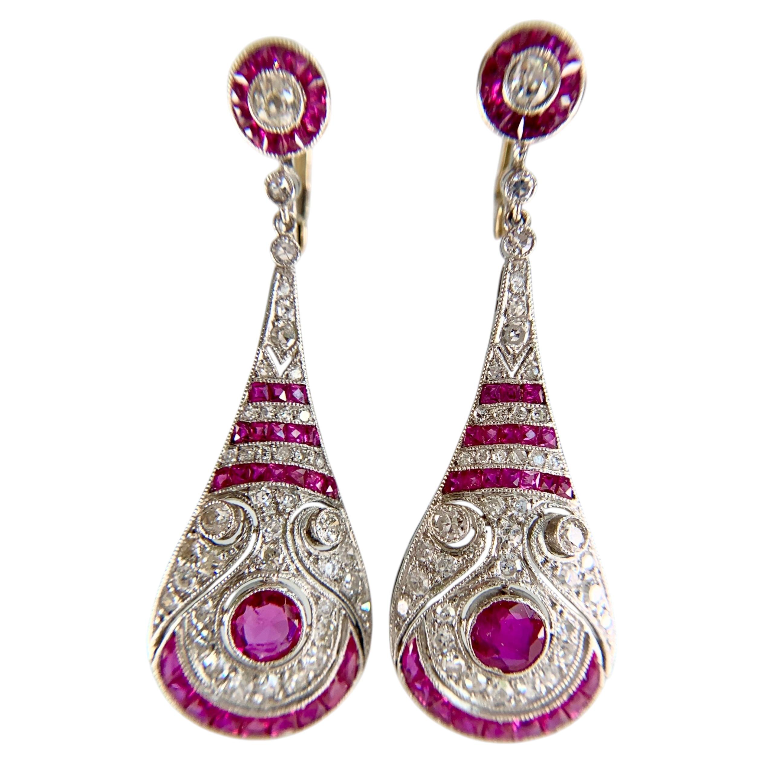 Estate Ruby and Old Cut Diamond Dangle Earrings Platinum/14k Gold