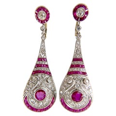 Estate Ruby and Old Cut Diamond Dangle Earrings Platinum/14k Gold
