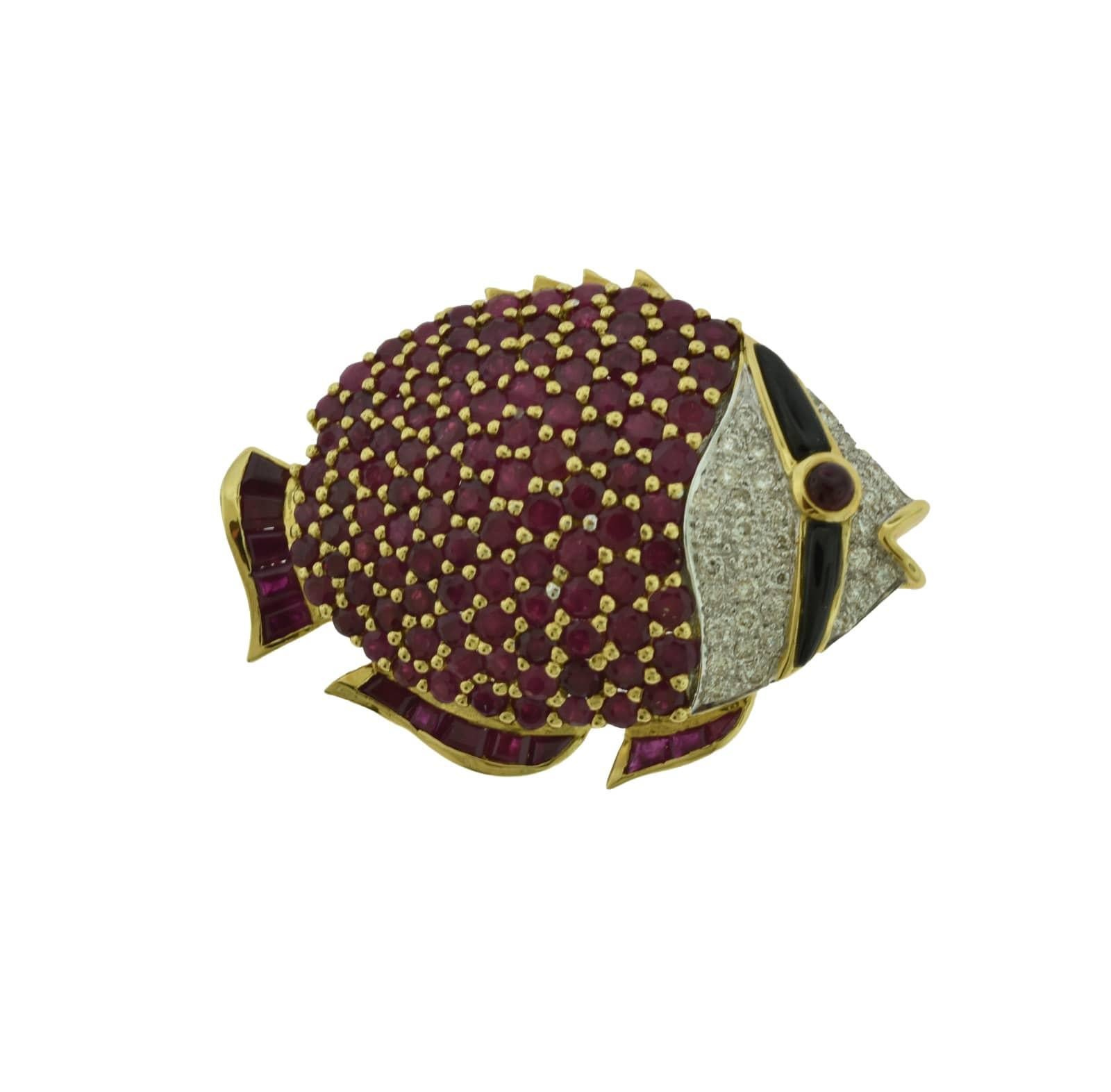 Round Cut Estate Ruby, Diamond, and Black Onyx in Yellow Gold Large Fish Brooch / Pin For Sale